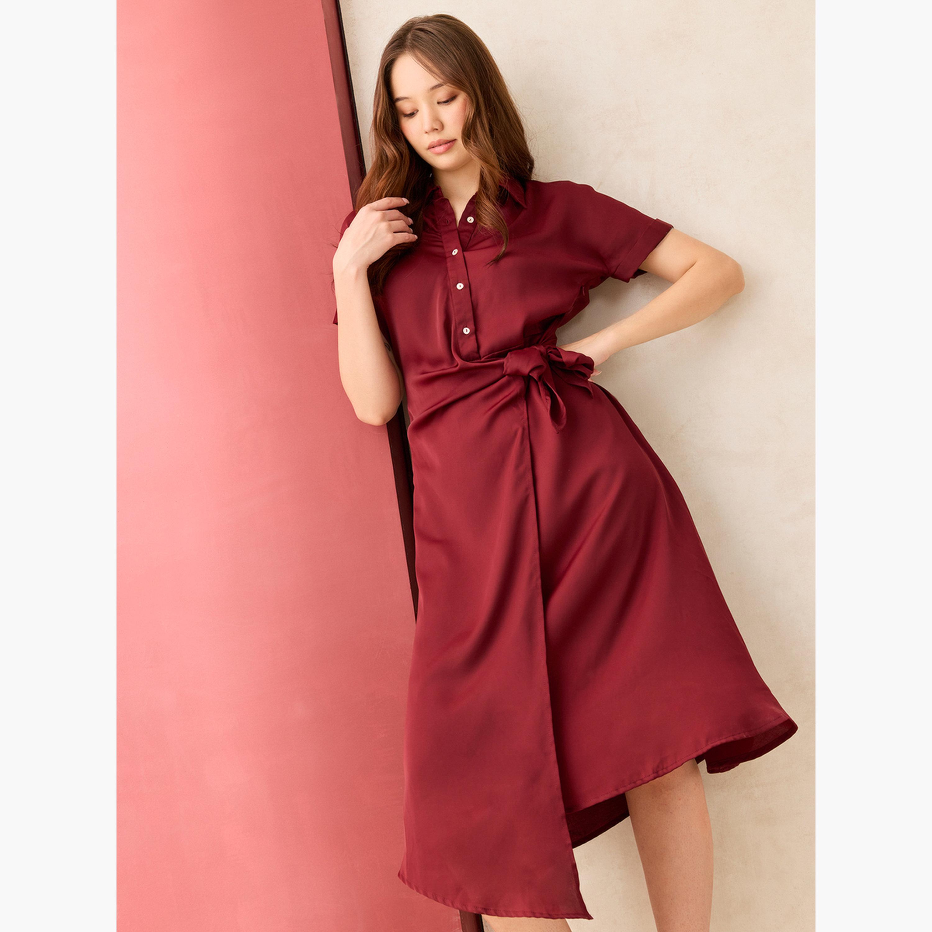 Outzidr X Styli Maroon Wrap Front Shirt Midi Dress-women-clothing-dresses-image-6