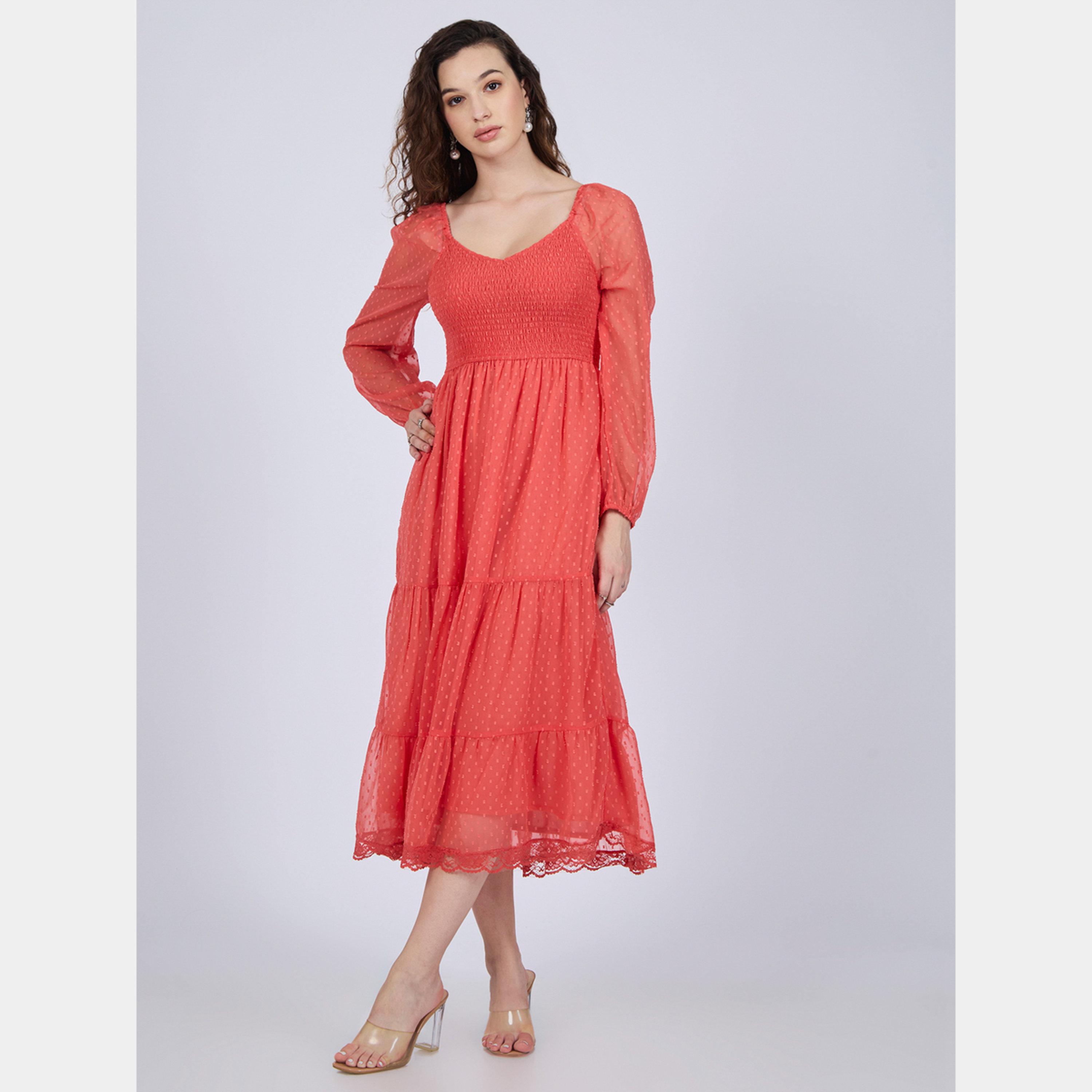 أوتزيدر × ستايلي - فستان كورال دوبي متوسط ​​الطول بأكمام طويلة رقبة حرف V للنساء-women-clothing-dresses-image-1