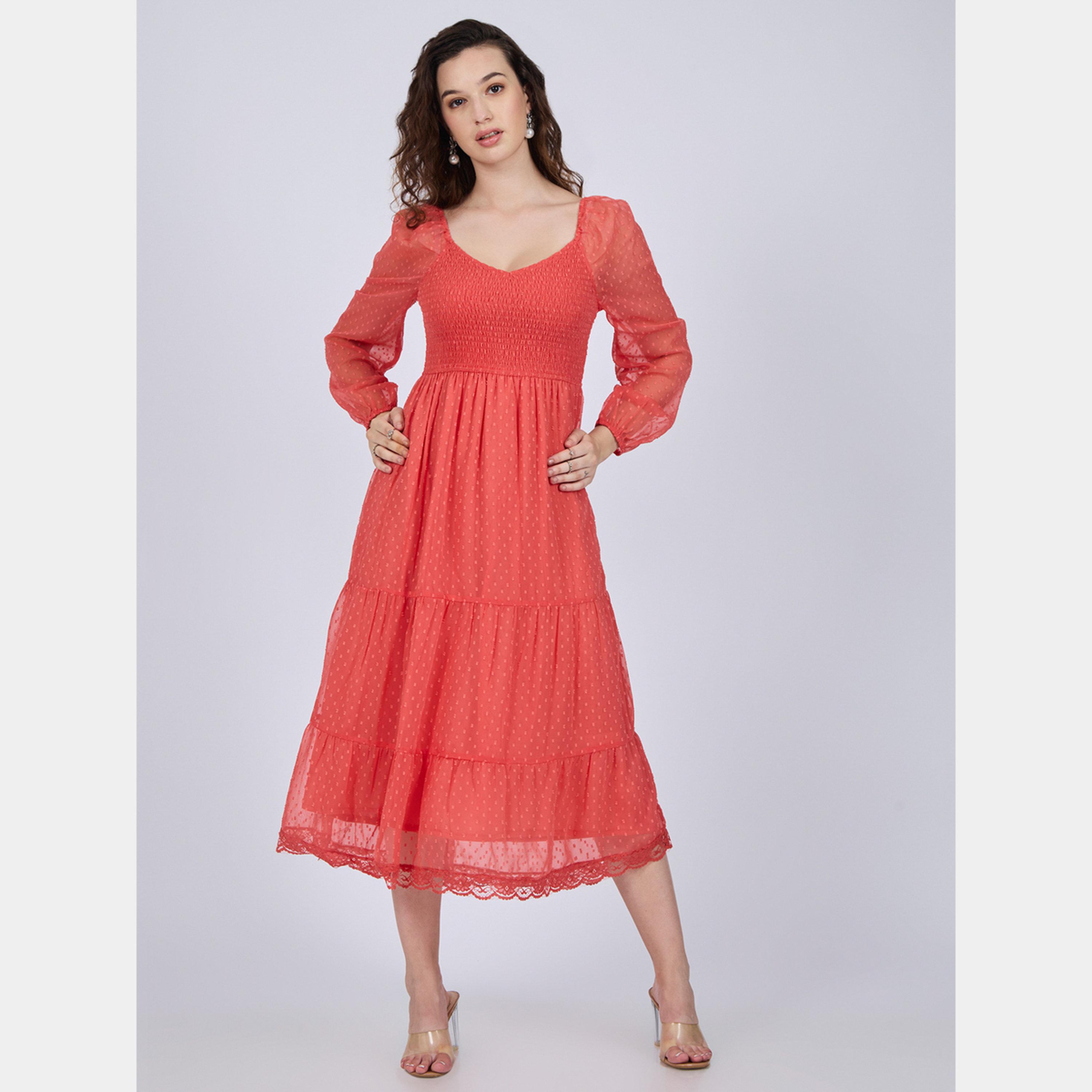 أوتزيدر × ستايلي - فستان كورال دوبي متوسط ​​الطول بأكمام طويلة رقبة حرف V للنساء-women-clothing-dresses-image-3