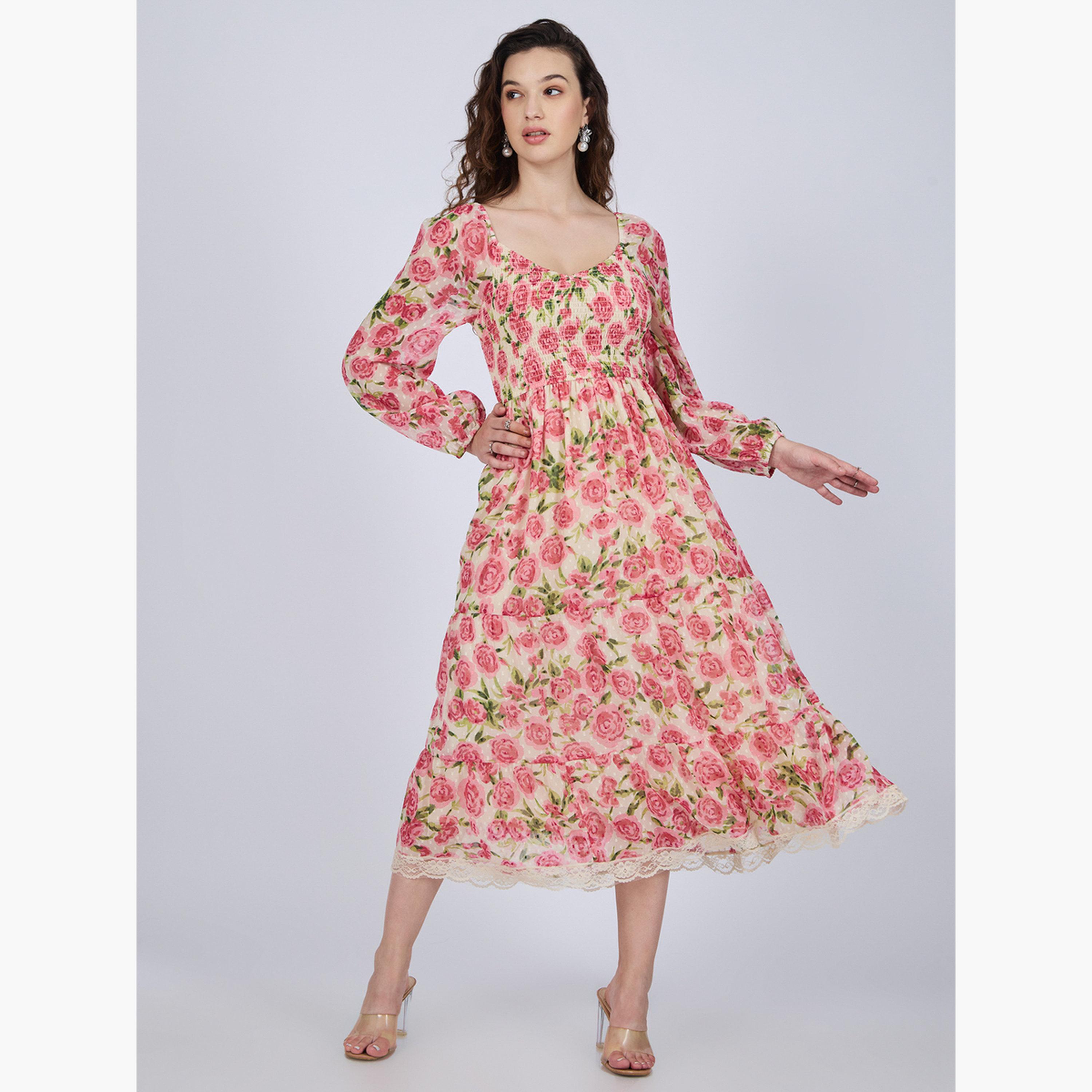 Outzidr X Styli Multi Floral Tiered Midi Dress-women-clothing-dresses-image-1