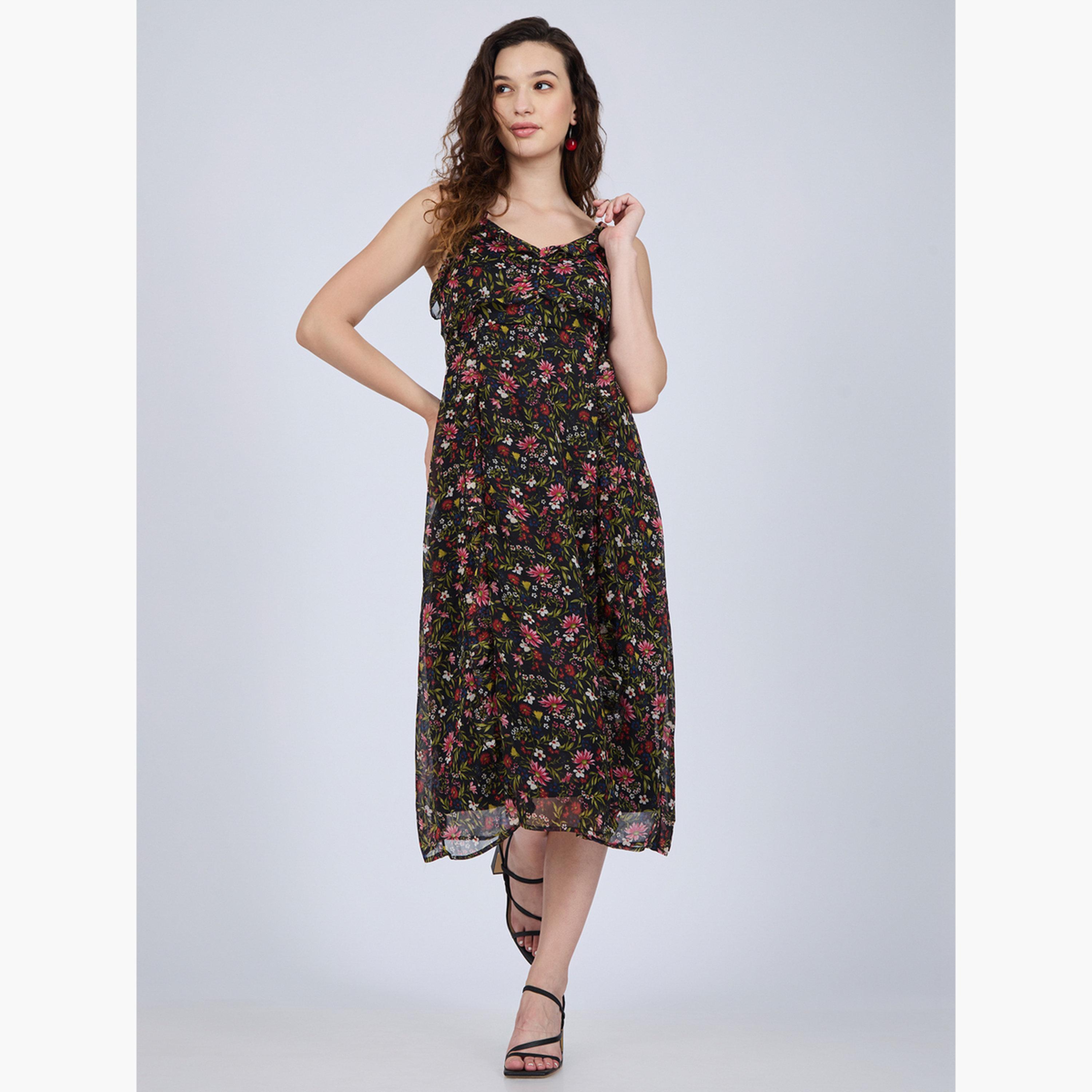 أوتزيدر × ستايلي - فستان متوسط الطول أسود مزين بكشكشة زهرية-women-clothing-dresses-image-1