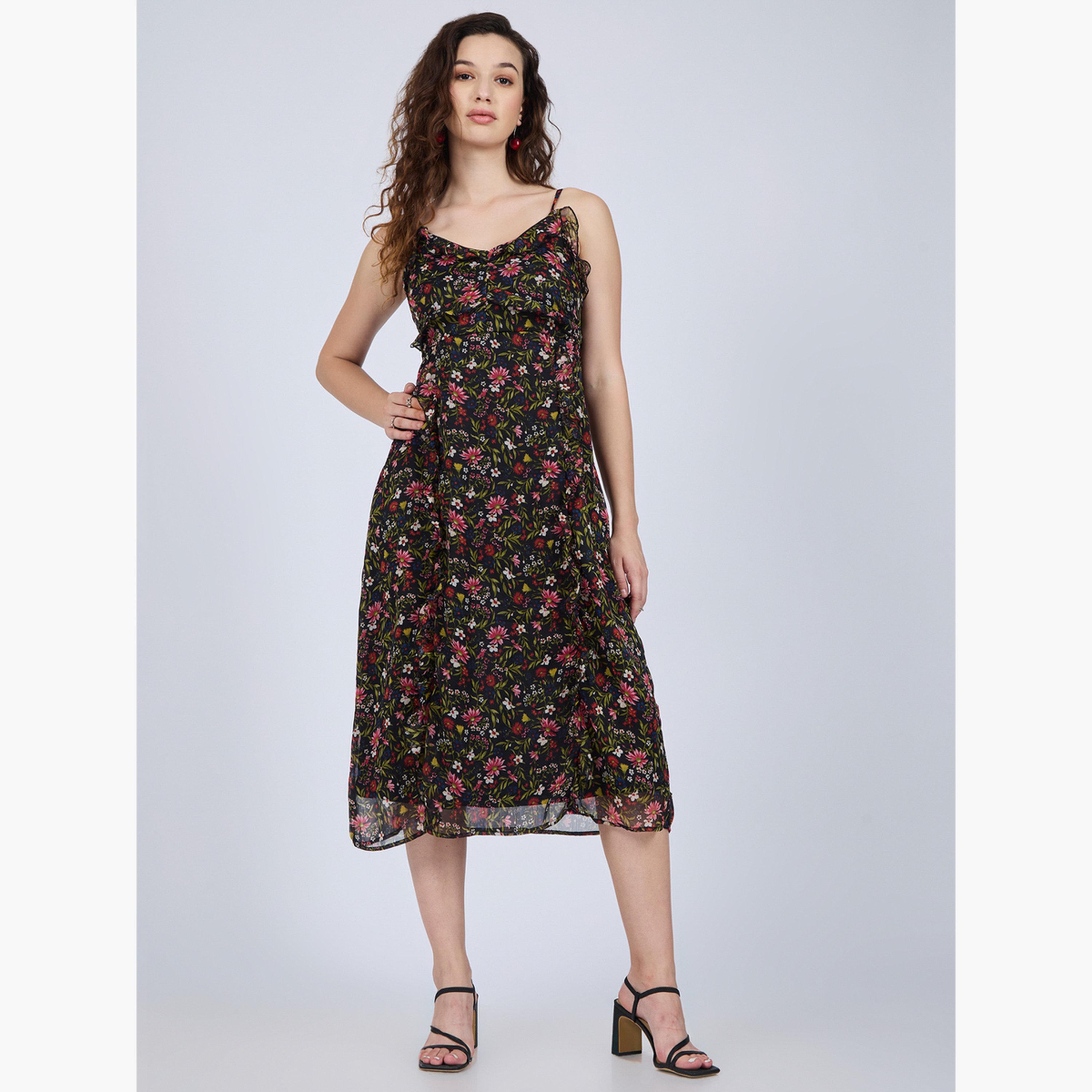 أوتزيدر × ستايلي - فستان متوسط الطول أسود مزين بكشكشة زهرية-women-clothing-dresses-image-2