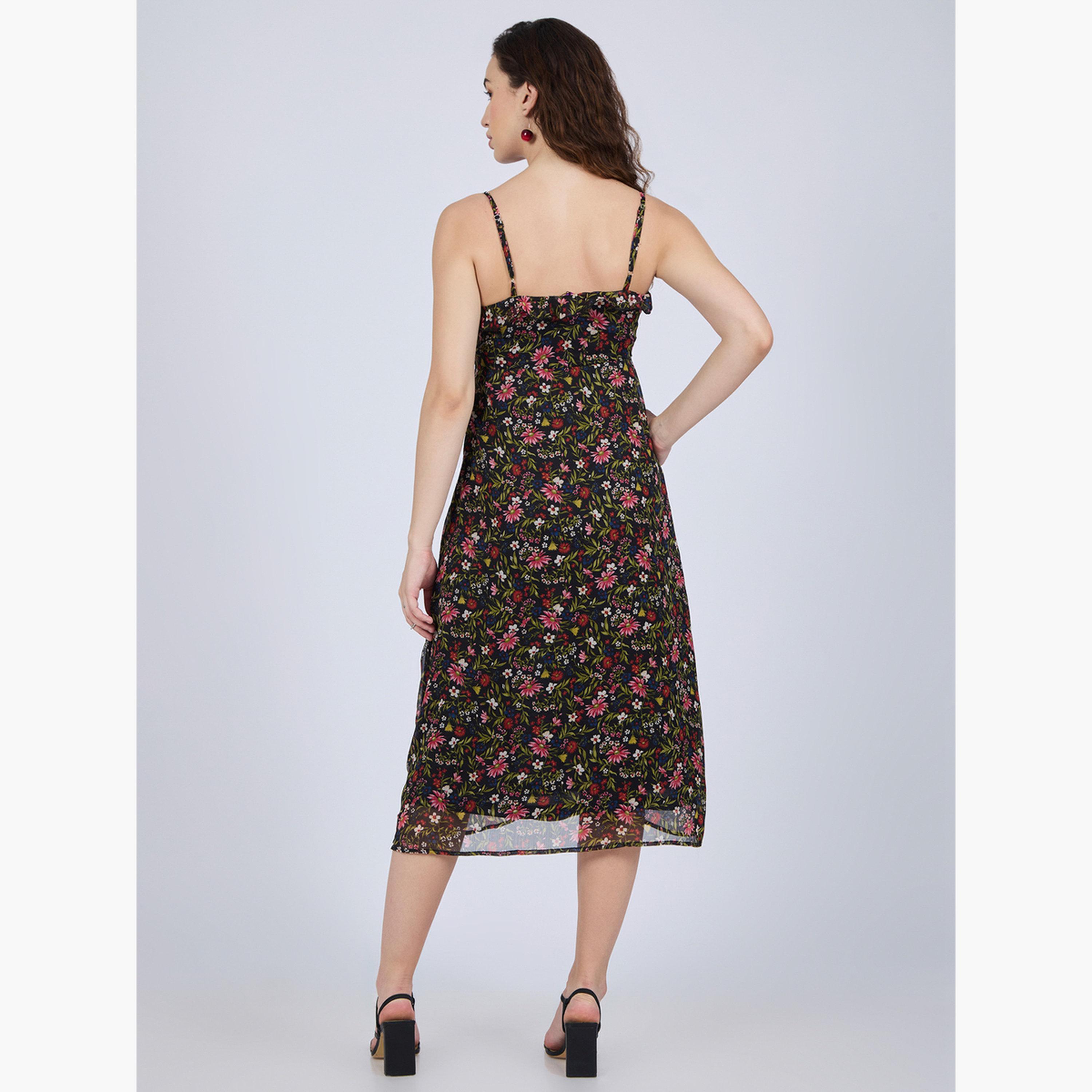 أوتزيدر × ستايلي - فستان متوسط الطول أسود مزين بكشكشة زهرية-women-clothing-dresses-image-3