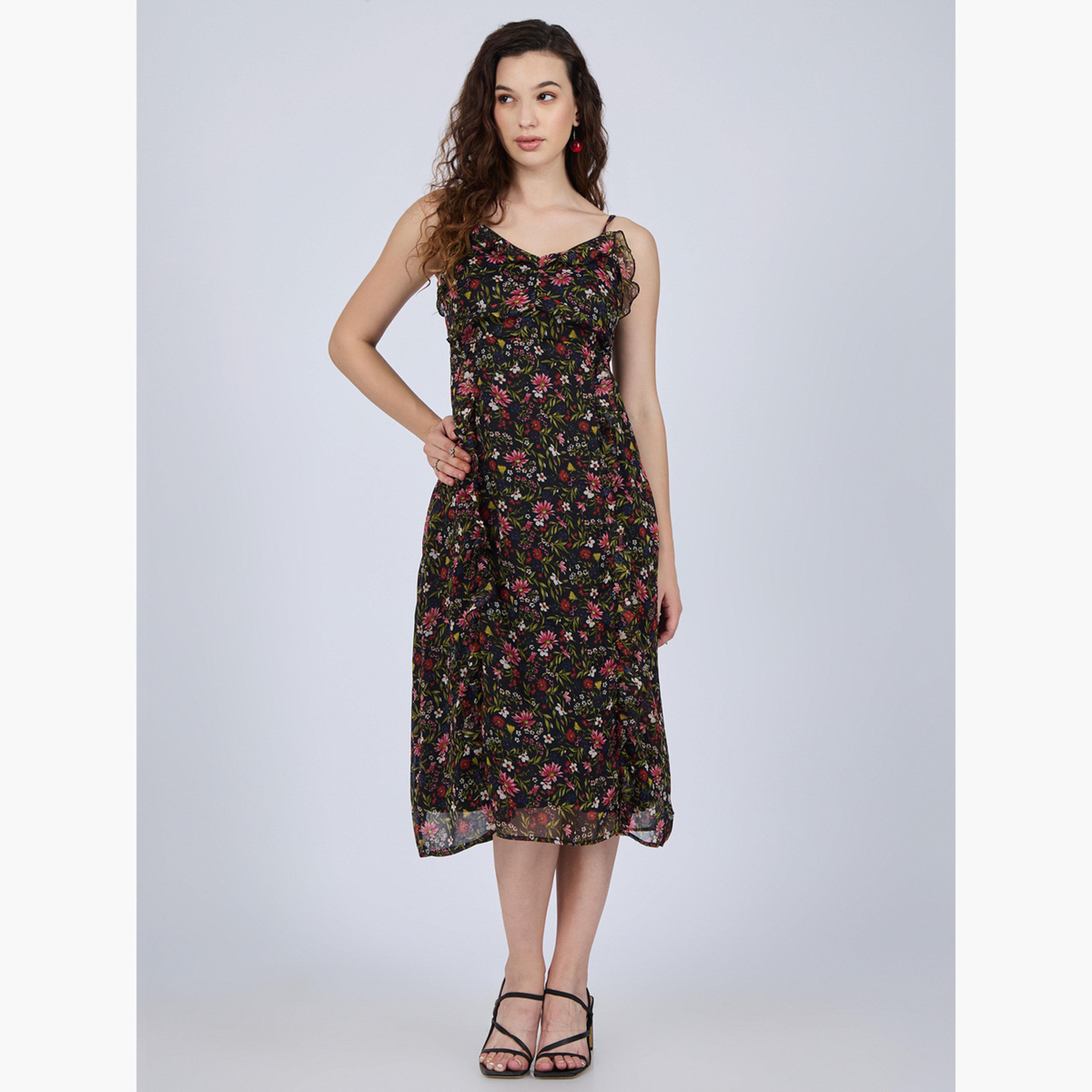 أوتزيدر × ستايلي - فستان متوسط الطول أسود مزين بكشكشة زهرية-women-clothing-dresses-image-4