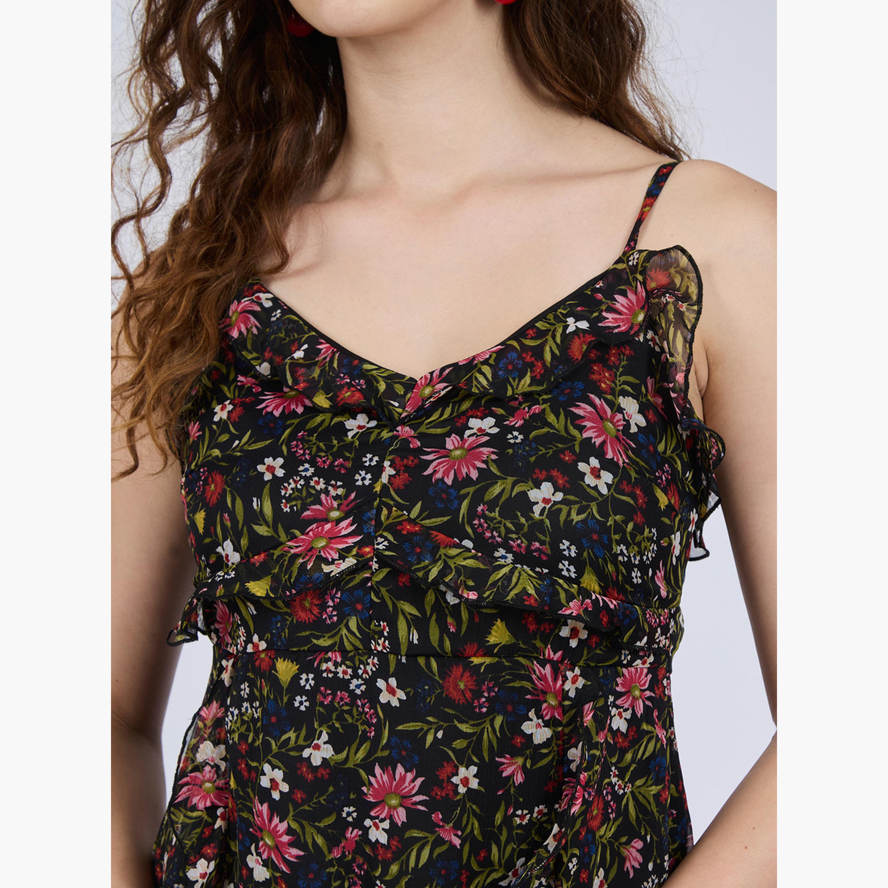 أوتزيدر × ستايلي - فستان متوسط الطول أسود مزين بكشكشة زهرية-women-clothing-dresses-image-5