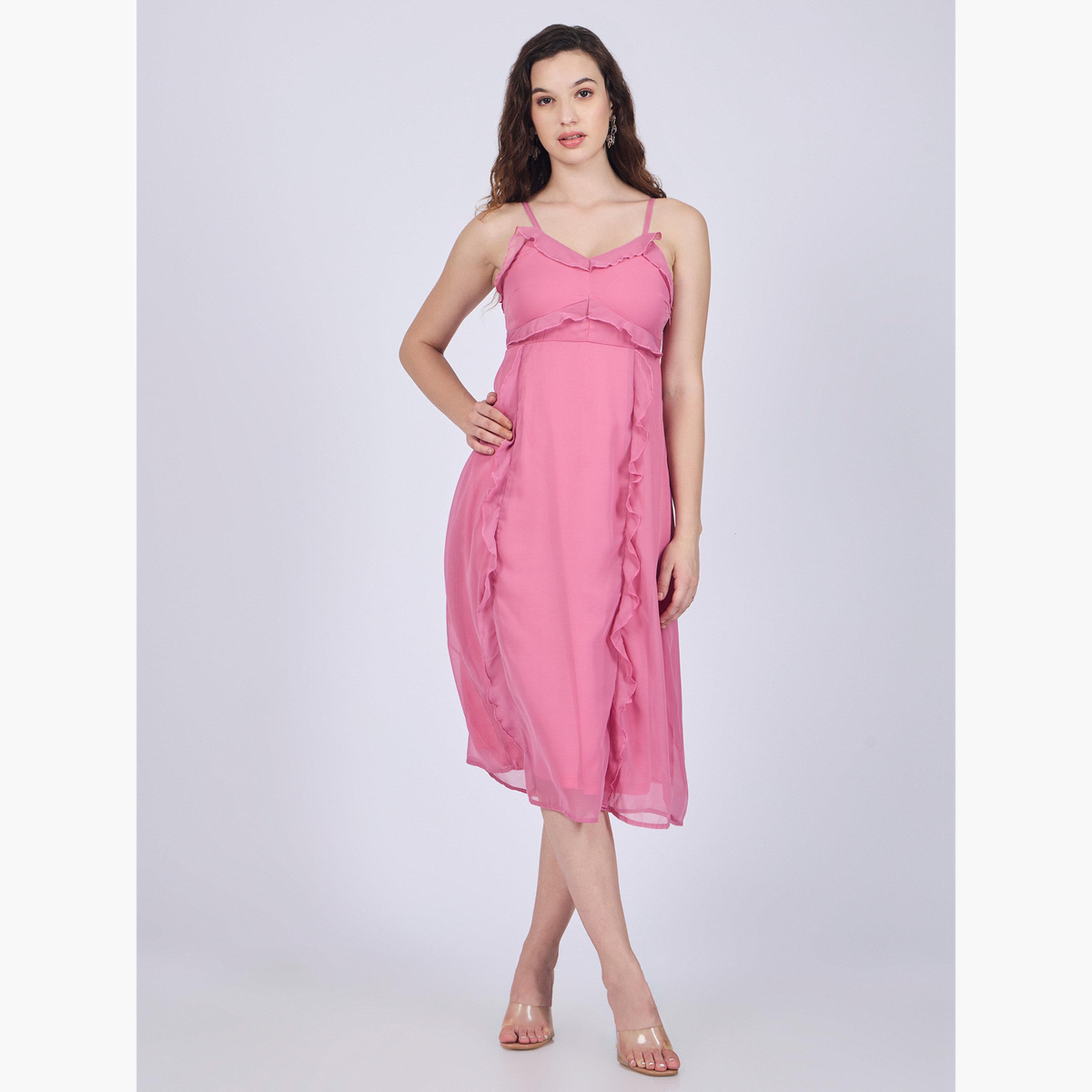 Outzidr X Styli Pink Ruffle Midi Dress-women-clothing-dresses-image-1