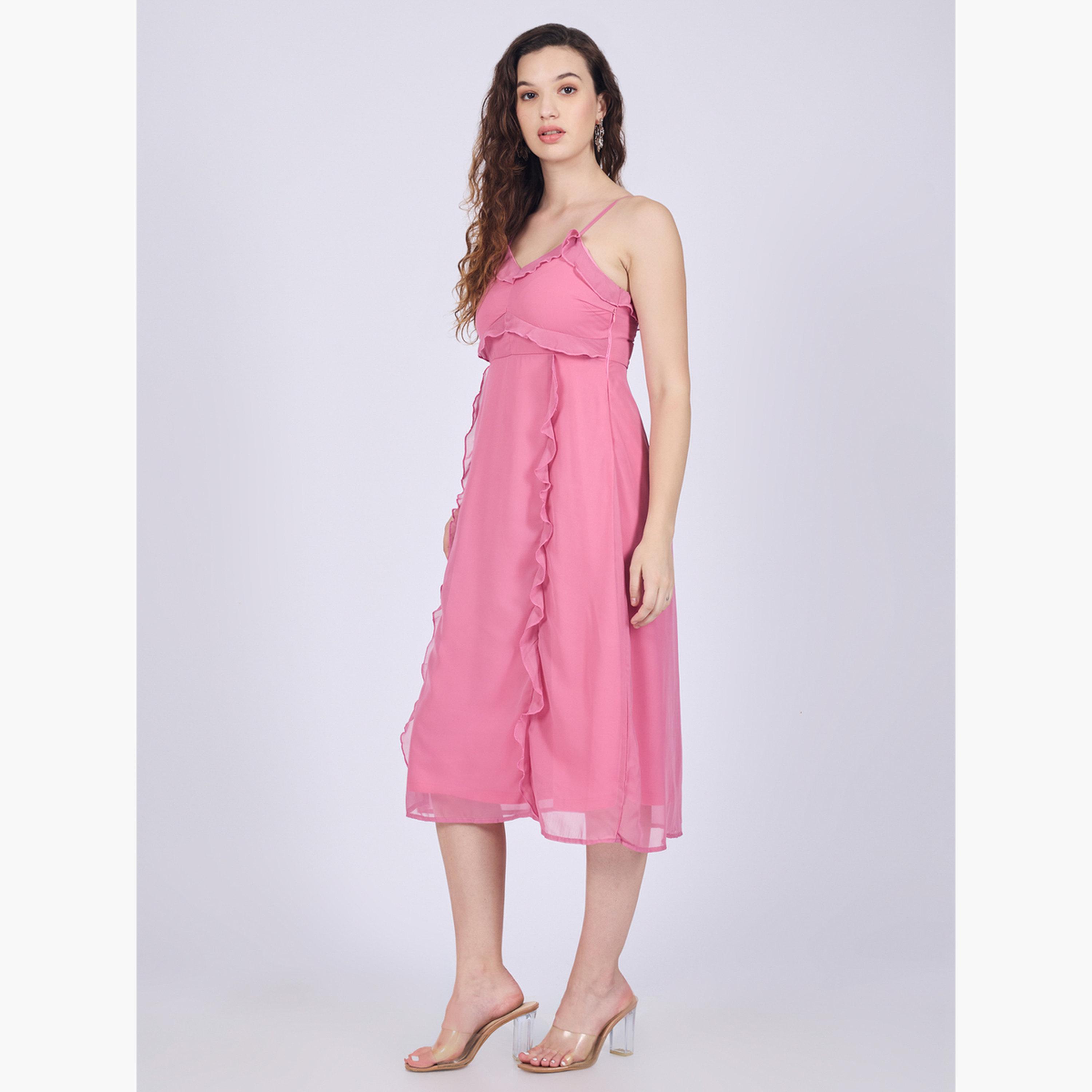Outzidr X Styli Pink Ruffle Midi Dress-women-clothing-dresses-image-2