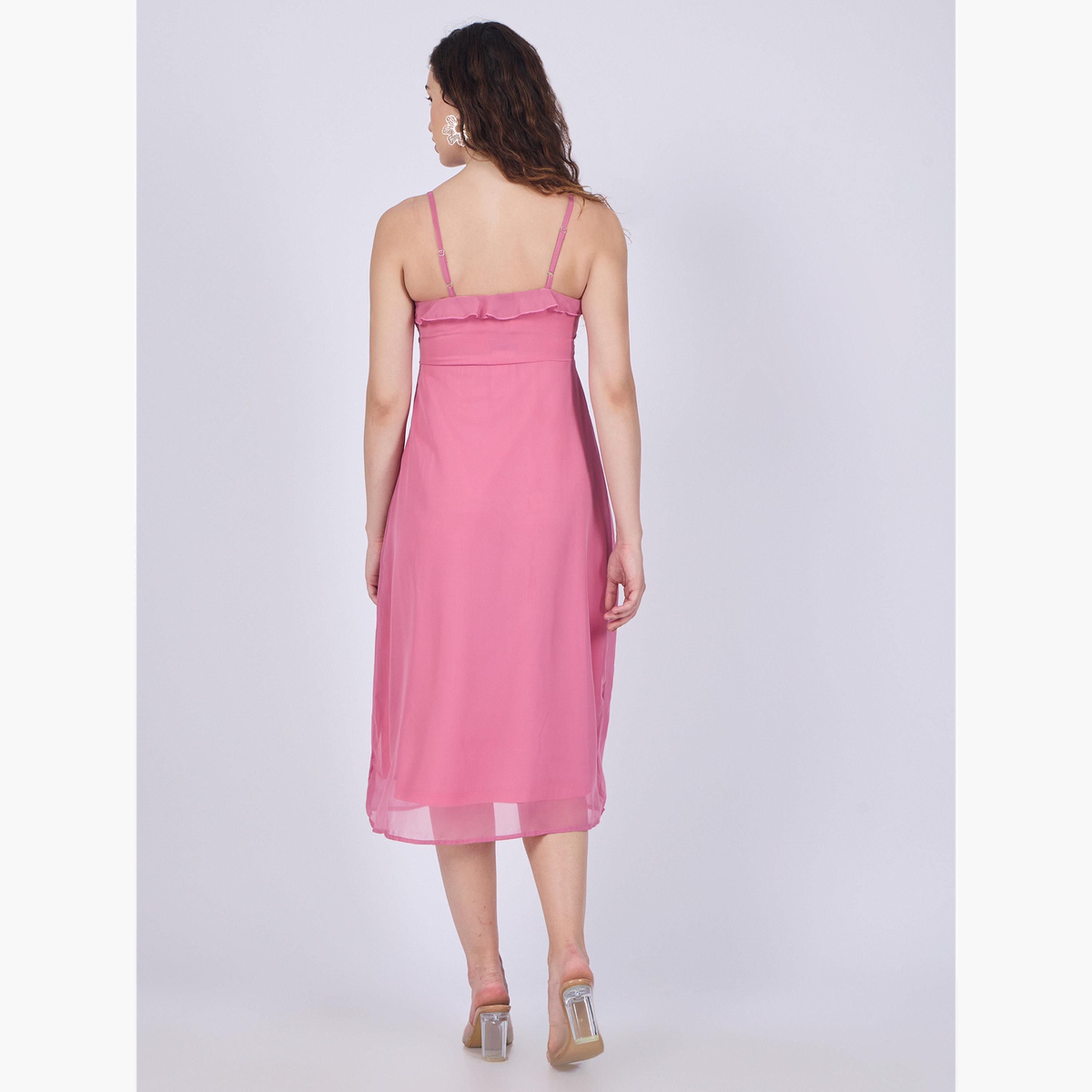 Outzidr X Styli Pink Ruffle Midi Dress-women-clothing-dresses-image-3