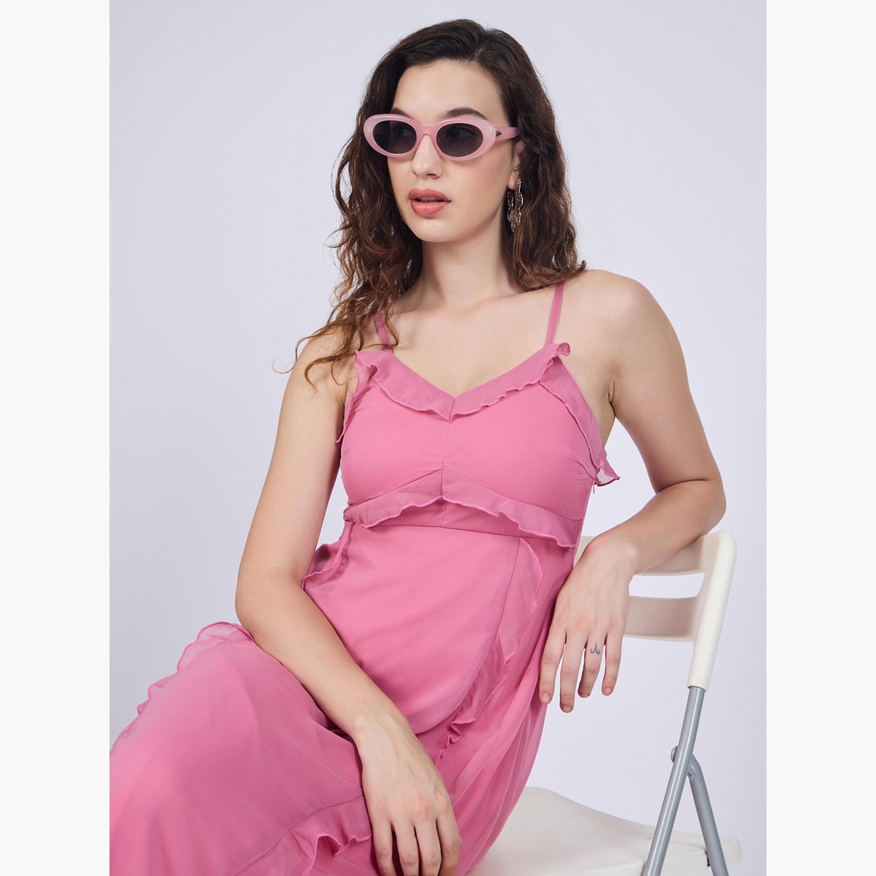 Outzidr X Styli Pink Ruffle Midi Dress-women-clothing-dresses-image-6