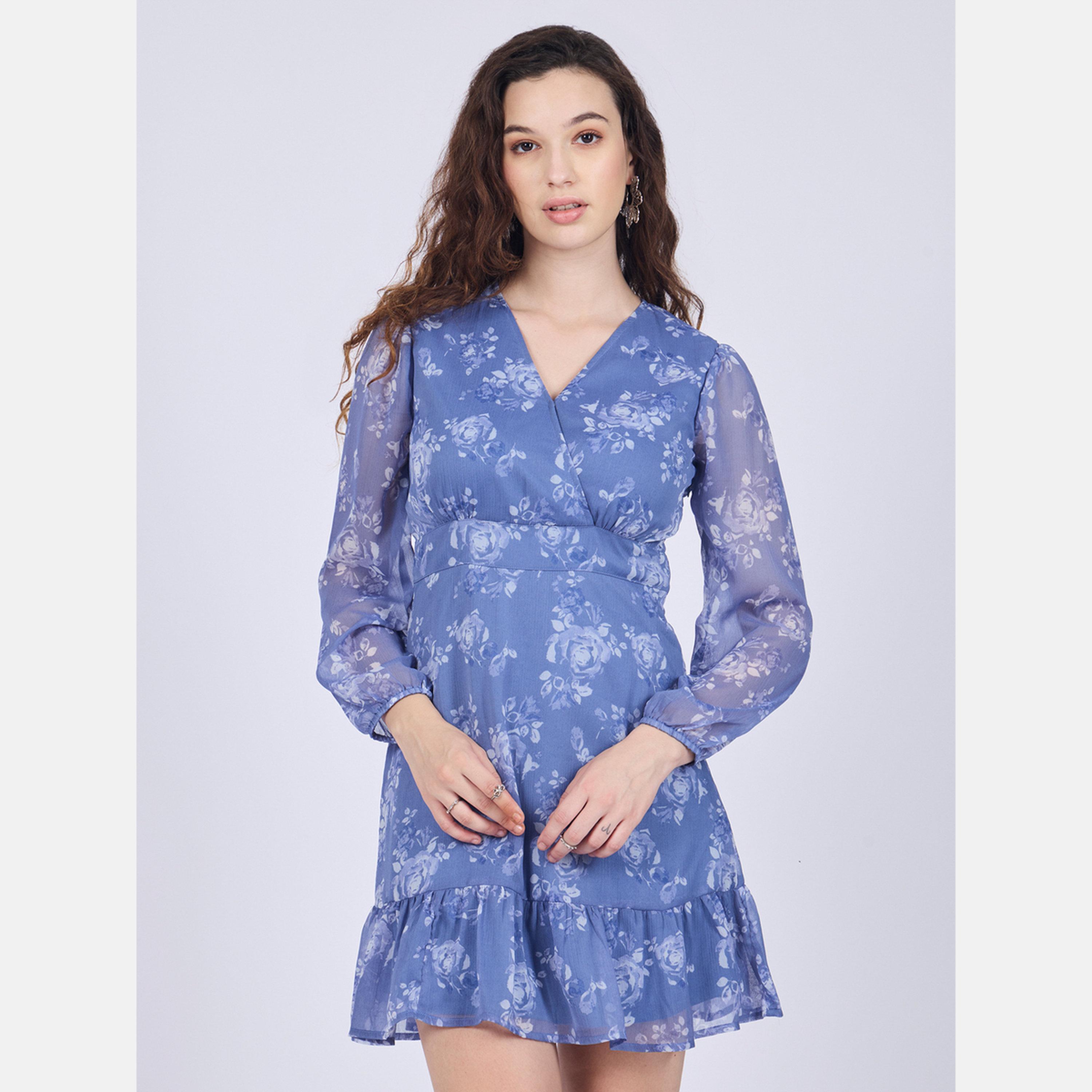 Outzidr X Styli Blue Floral Print Mini Dress-women-clothing-dresses-image-1
