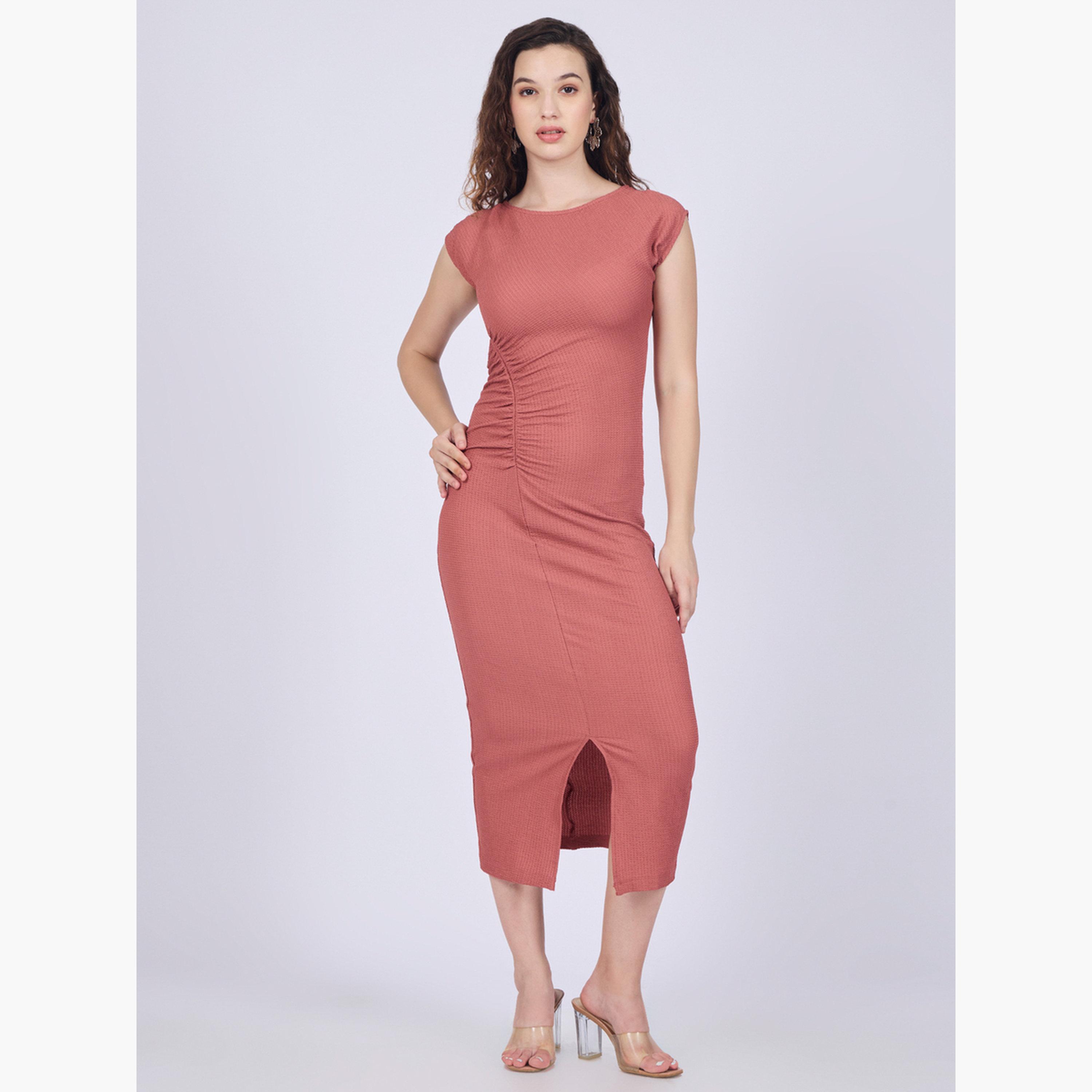 أوتزيدر × ستايلي - فستان متوسط ​​الطول ضيق ومحبوك بلون الخوخ-women-clothing-dresses-image-1