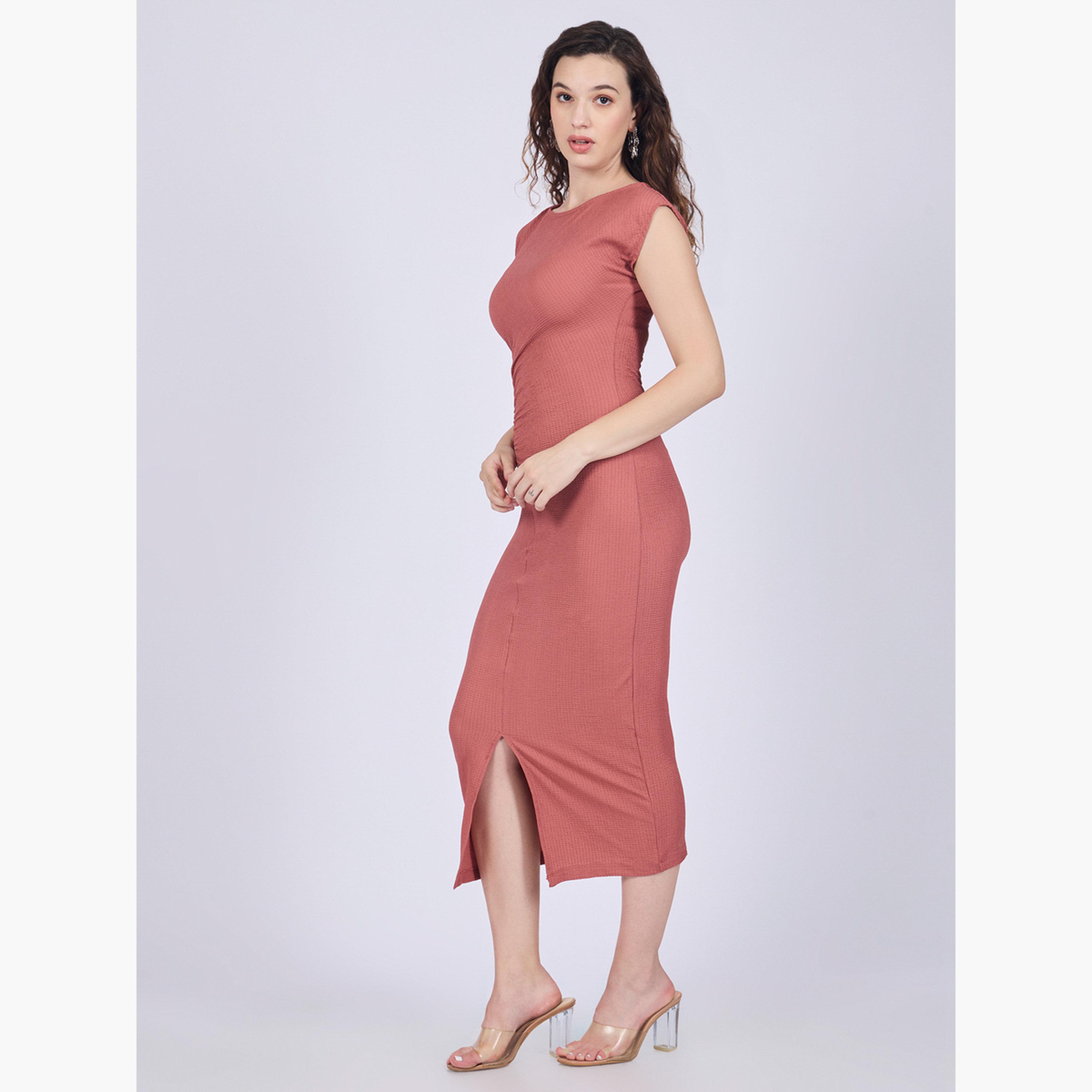 أوتزيدر × ستايلي - فستان متوسط ​​الطول ضيق ومحبوك بلون الخوخ-women-clothing-dresses-image-3