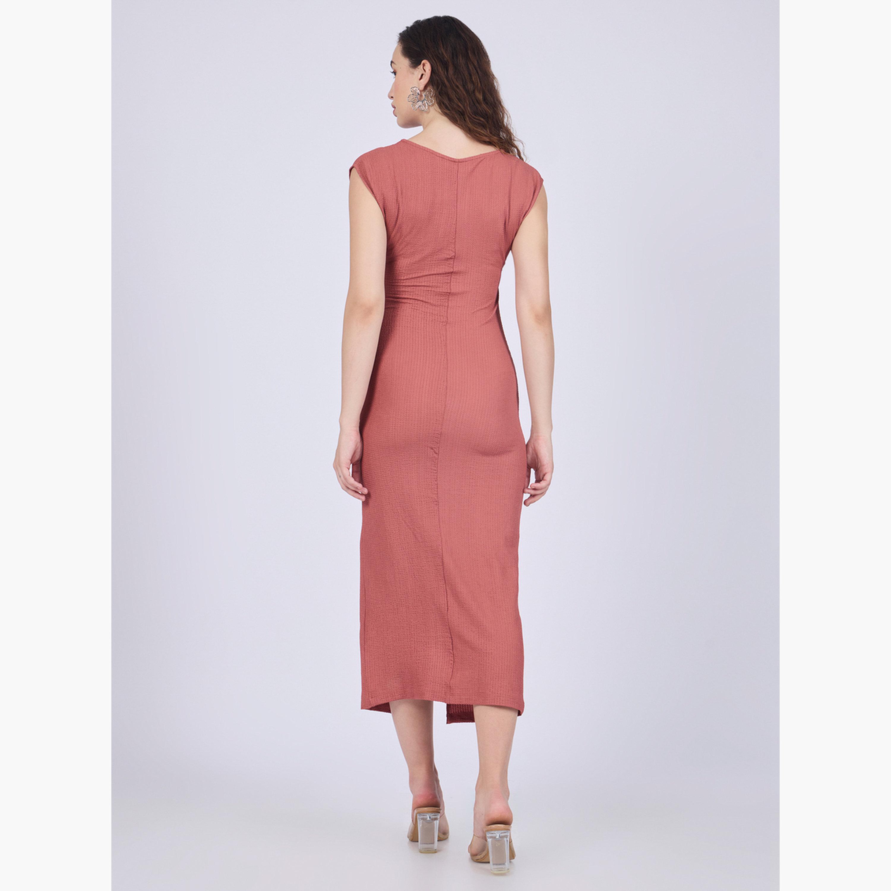أوتزيدر × ستايلي - فستان متوسط ​​الطول ضيق ومحبوك بلون الخوخ-women-clothing-dresses-image-5