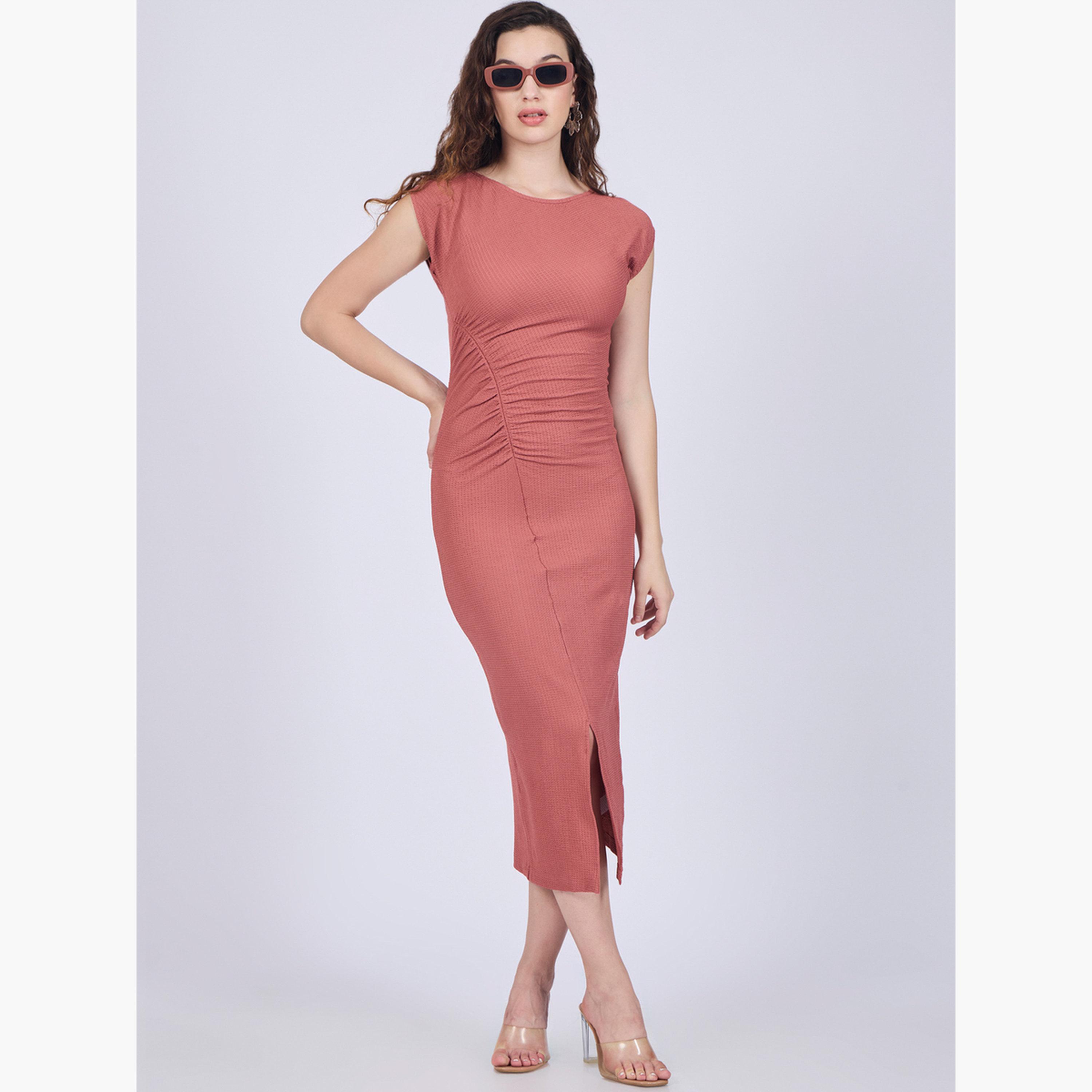 Outzidr X Styli Peach Textured Knit Bodycon Midi Dress-women-clothing-dresses-image-6