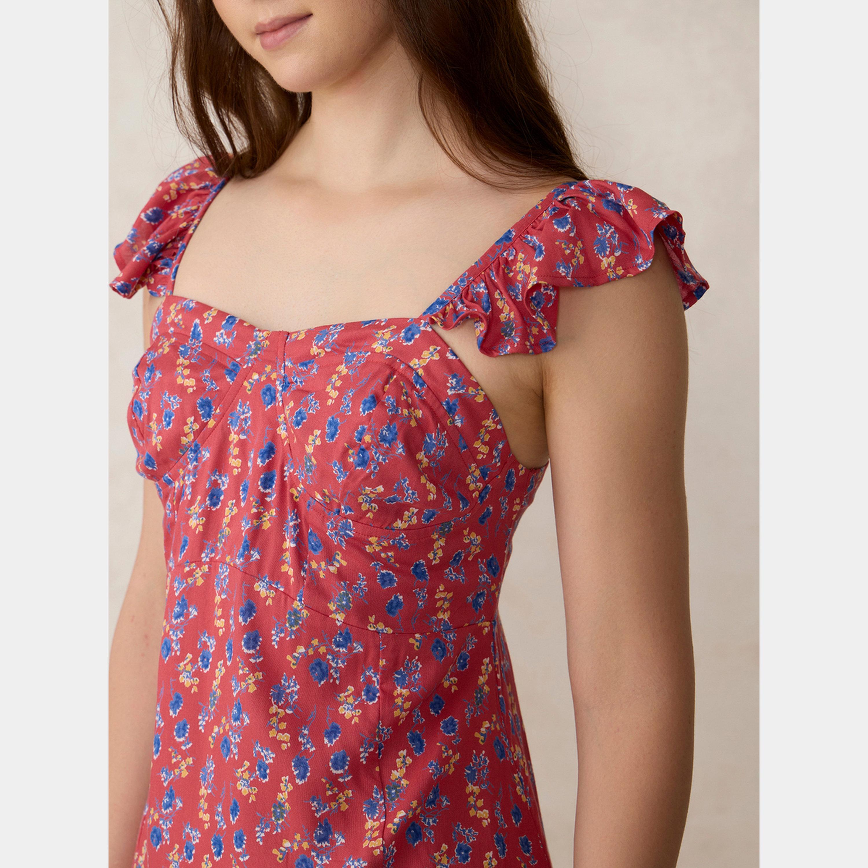 أوتزيدر × ستايلي - فستان نسائي قصير بقصة A ورقبة مربعة وأكمام مكشكشة وطبعة زهور حمراء-women-clothing-dresses-image-6