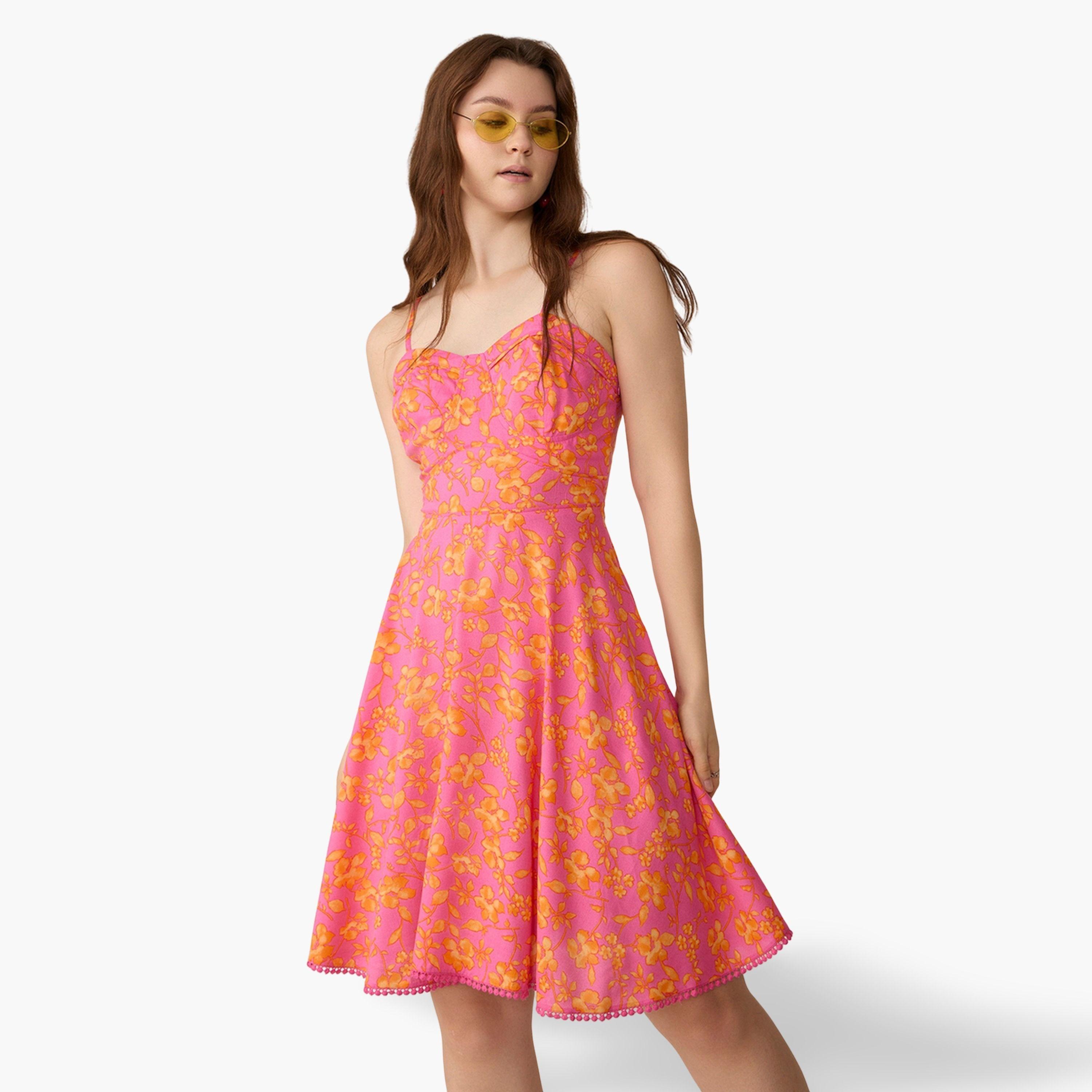أوتزيدر × ستايلي - فستان نسائي قصير مطبوع باللون الوردي، بقصة ضيقة وواسعة-women-clothing-dresses-image-1