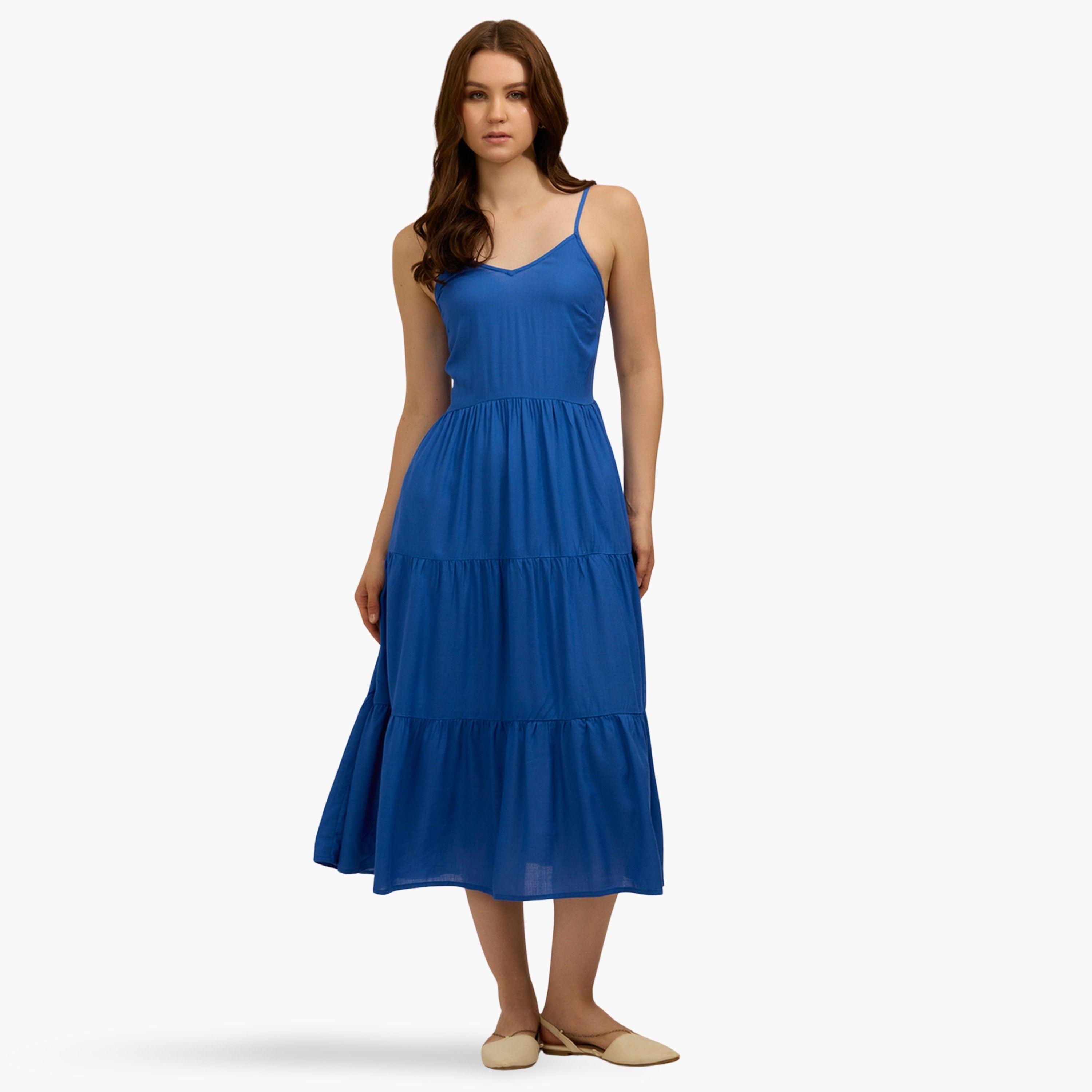 أوتزيدر × ستايلي - فستان نسائي متوسط ​​الطول أزرق اللون رقبة حرف V وحزام كتف-women-clothing-dresses-image-1
