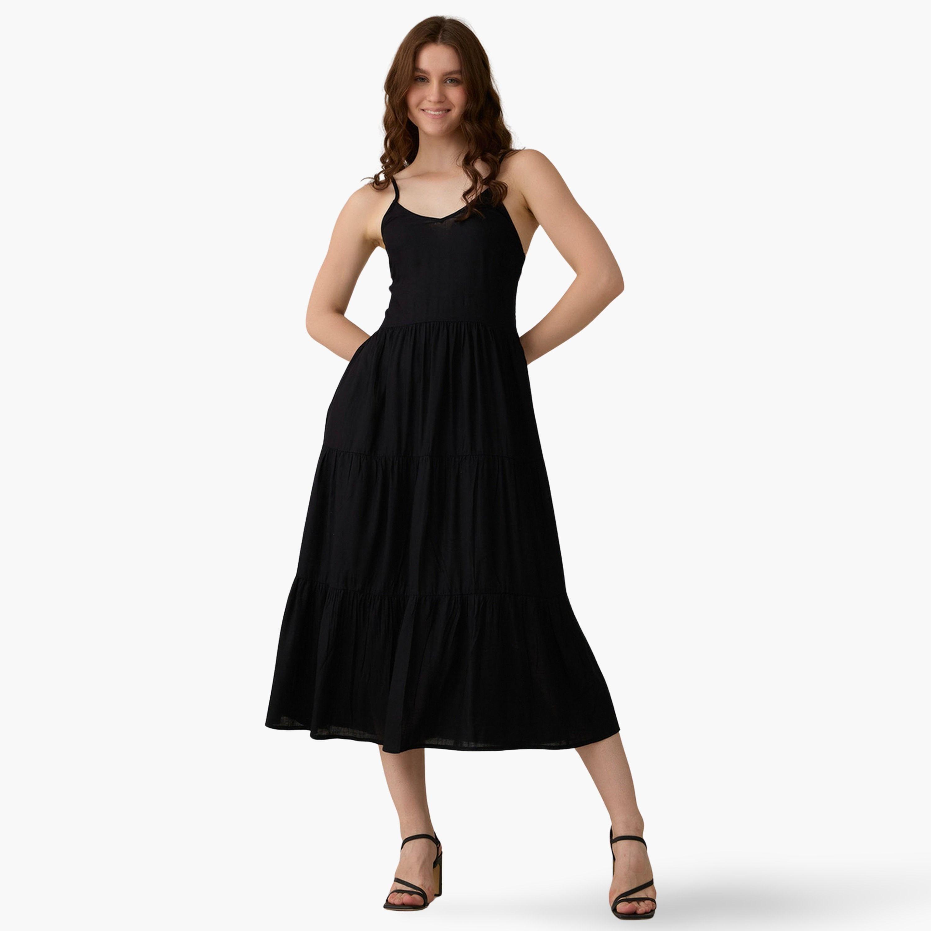 أوتزيدر × ستايلي - فستان نسائي أسود متوسط ​​الطول رقبة حرف V وحزام كتف-women-clothing-dresses-image-1