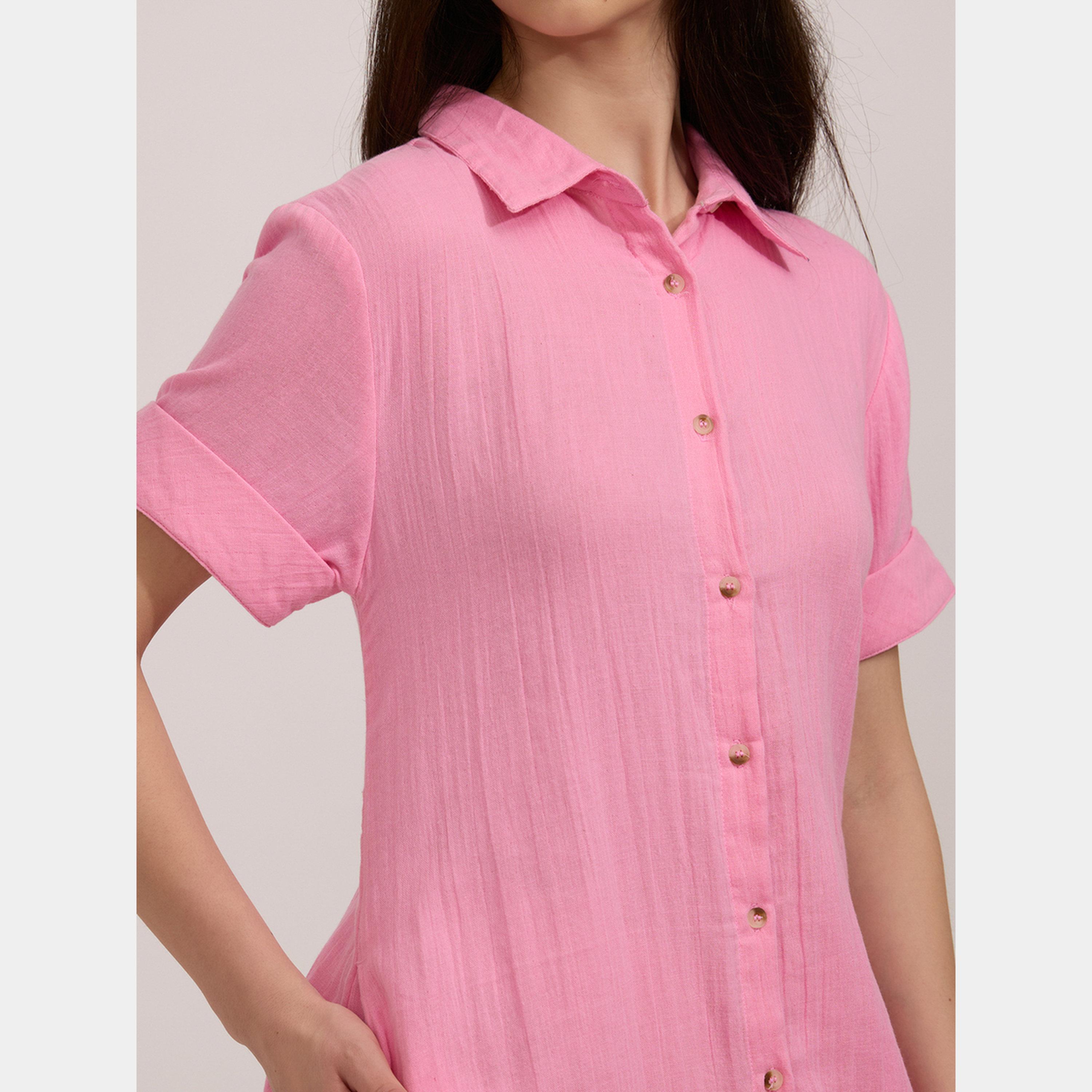 أوتزيدر × ستايلي - فستان نسائي قصير من القطن بأكمام قصيرة وياقة باللون الوردي-women-clothing-dresses-image-5