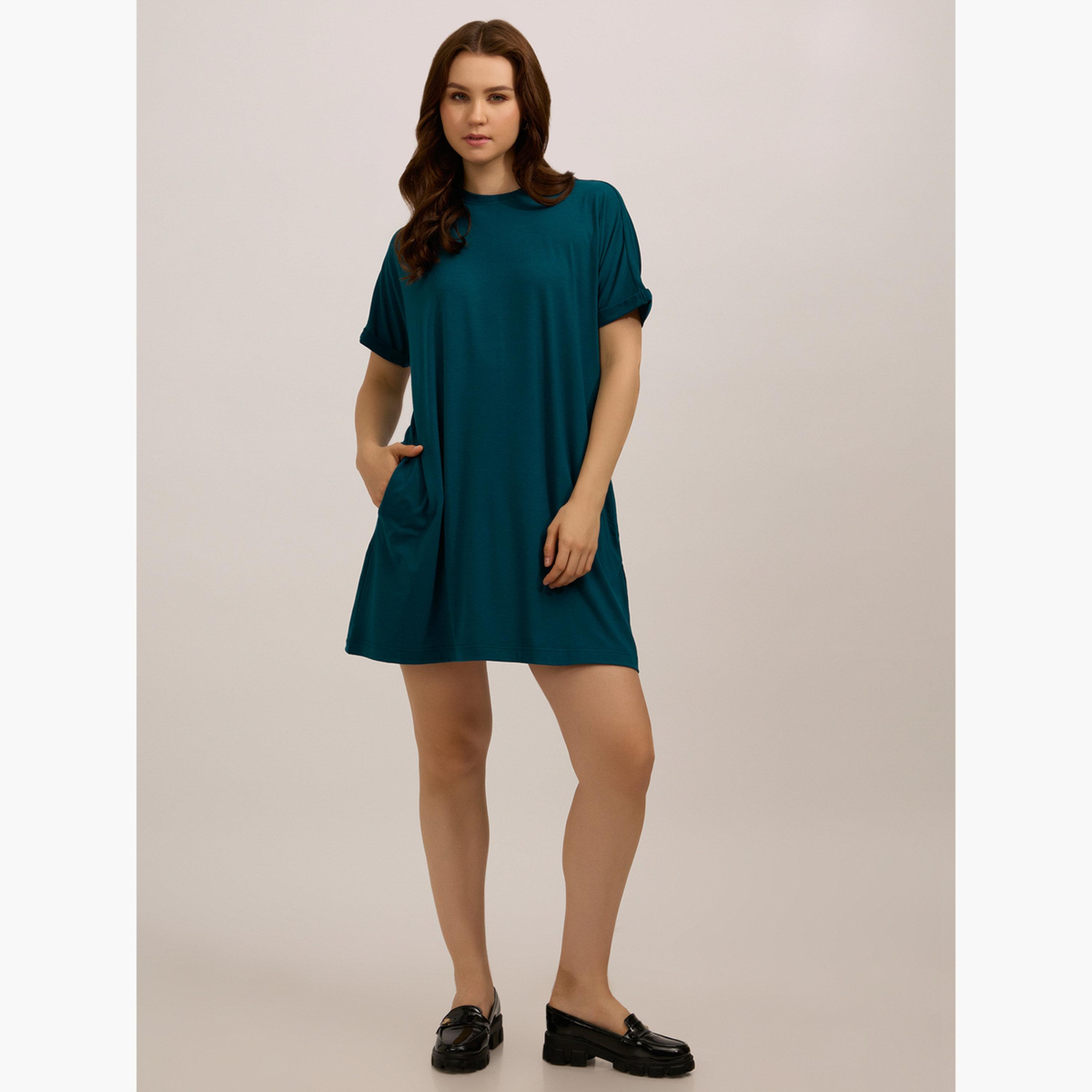 أوتزيدر × ستايلي - فستان قصير بأكمام قابلة للطي لون أزرق مخضر-women-clothing-dresses-image-1