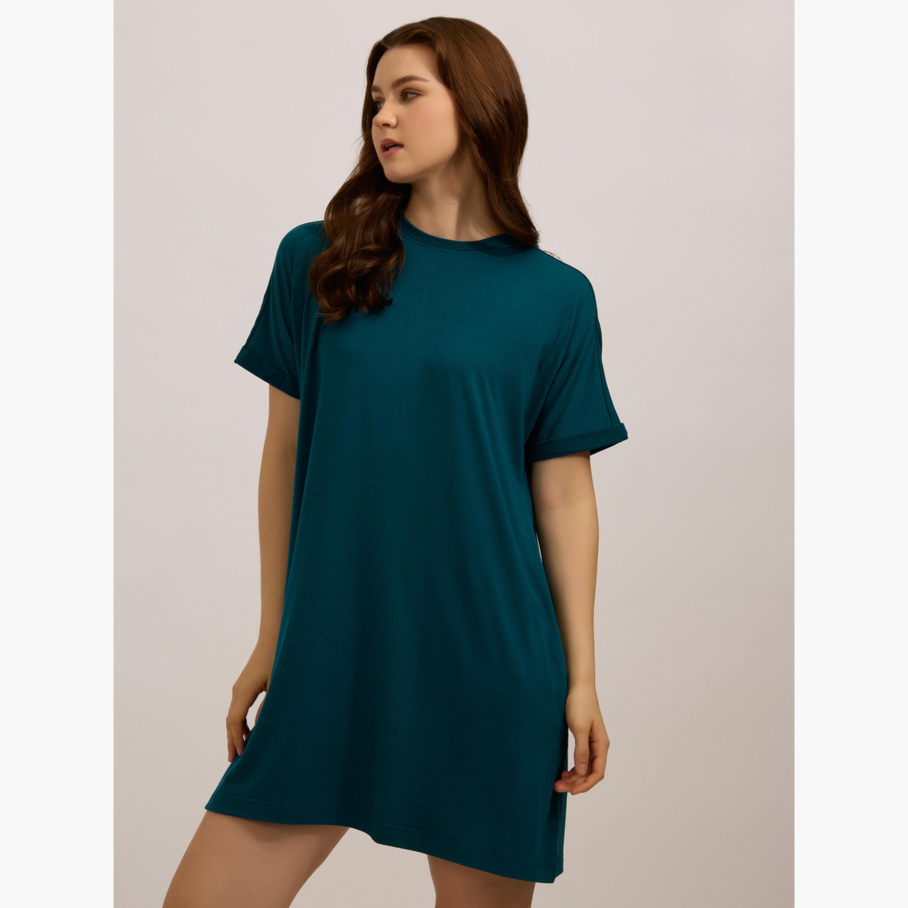 أوتزيدر × ستايلي - فستان قصير بأكمام قابلة للطي لون أزرق مخضر-women-clothing-dresses-image-2