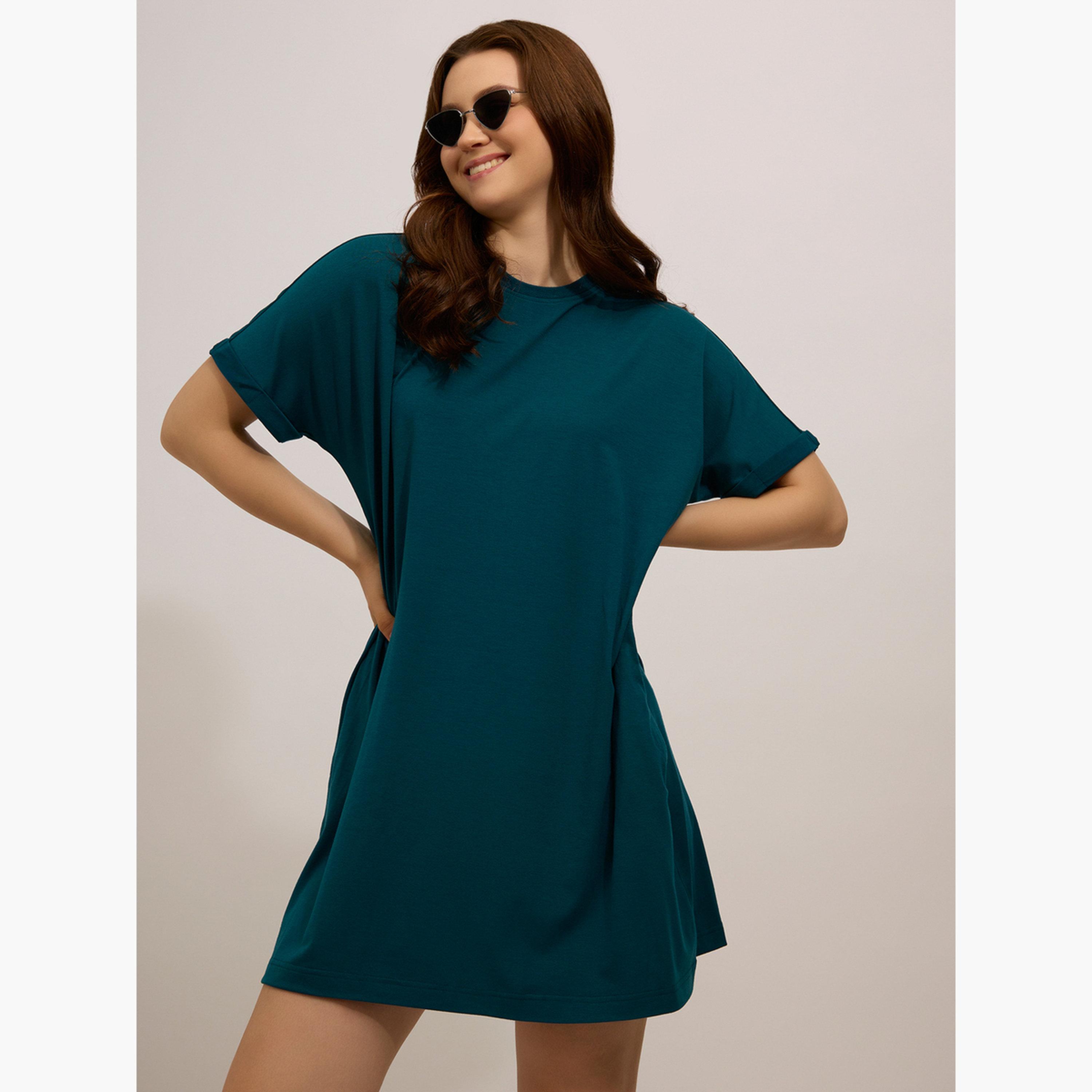 أوتزيدر × ستايلي - فستان قصير بأكمام قابلة للطي لون أزرق مخضر-women-clothing-dresses-image-3