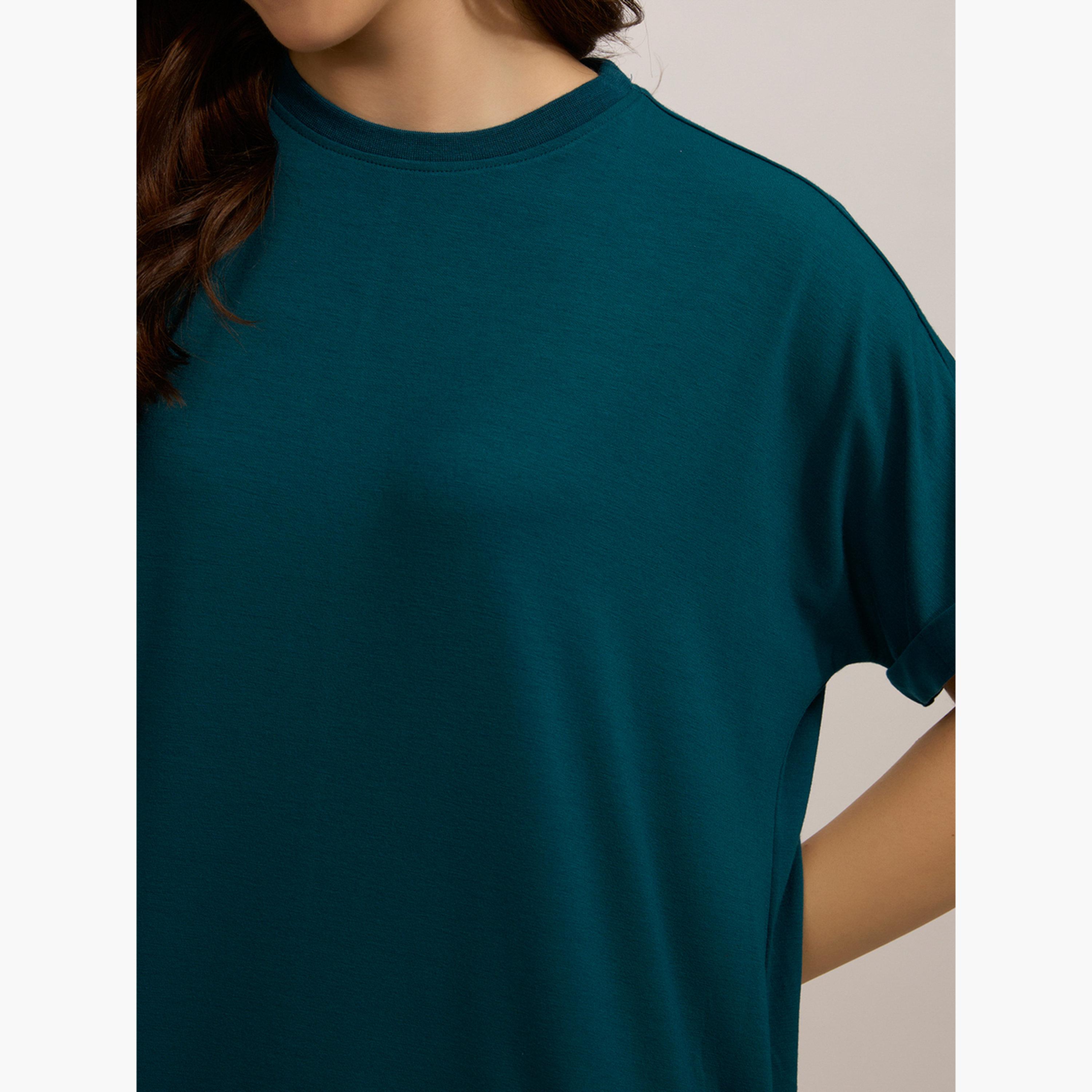 Outzidr X Styli Teal Fold-Up Sleeve T-Shirt Mini Dress-women-clothing-dresses-image-4