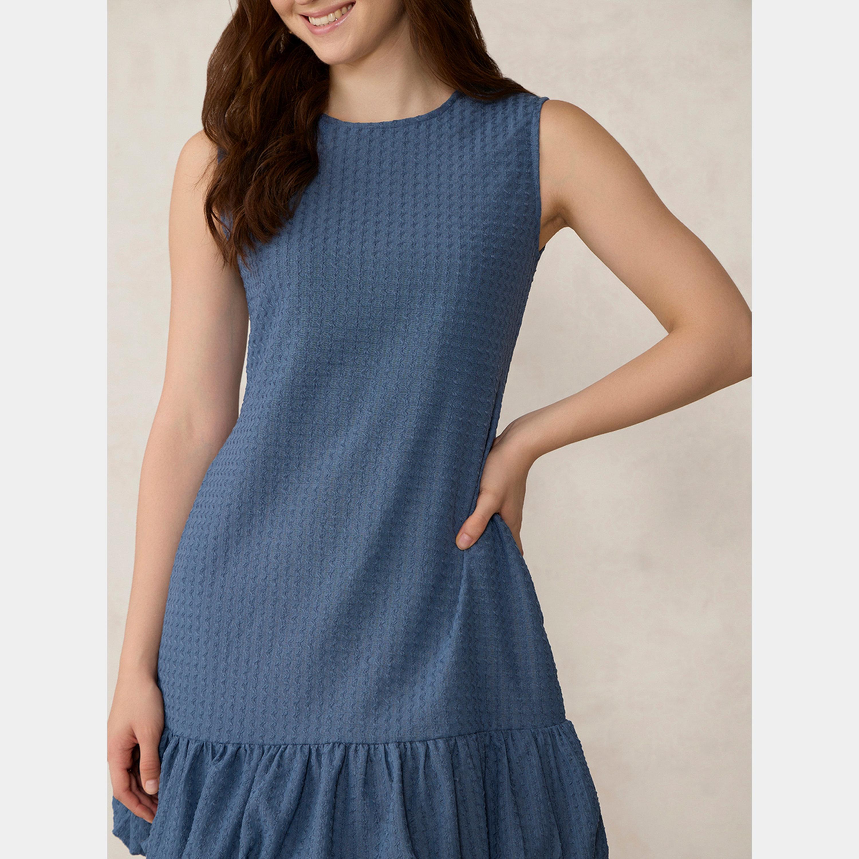 Outzidr X Styli Blue Textured Sleeveless Women's Bubble Hem Mini Dress-women-clothing-dresses-image-2