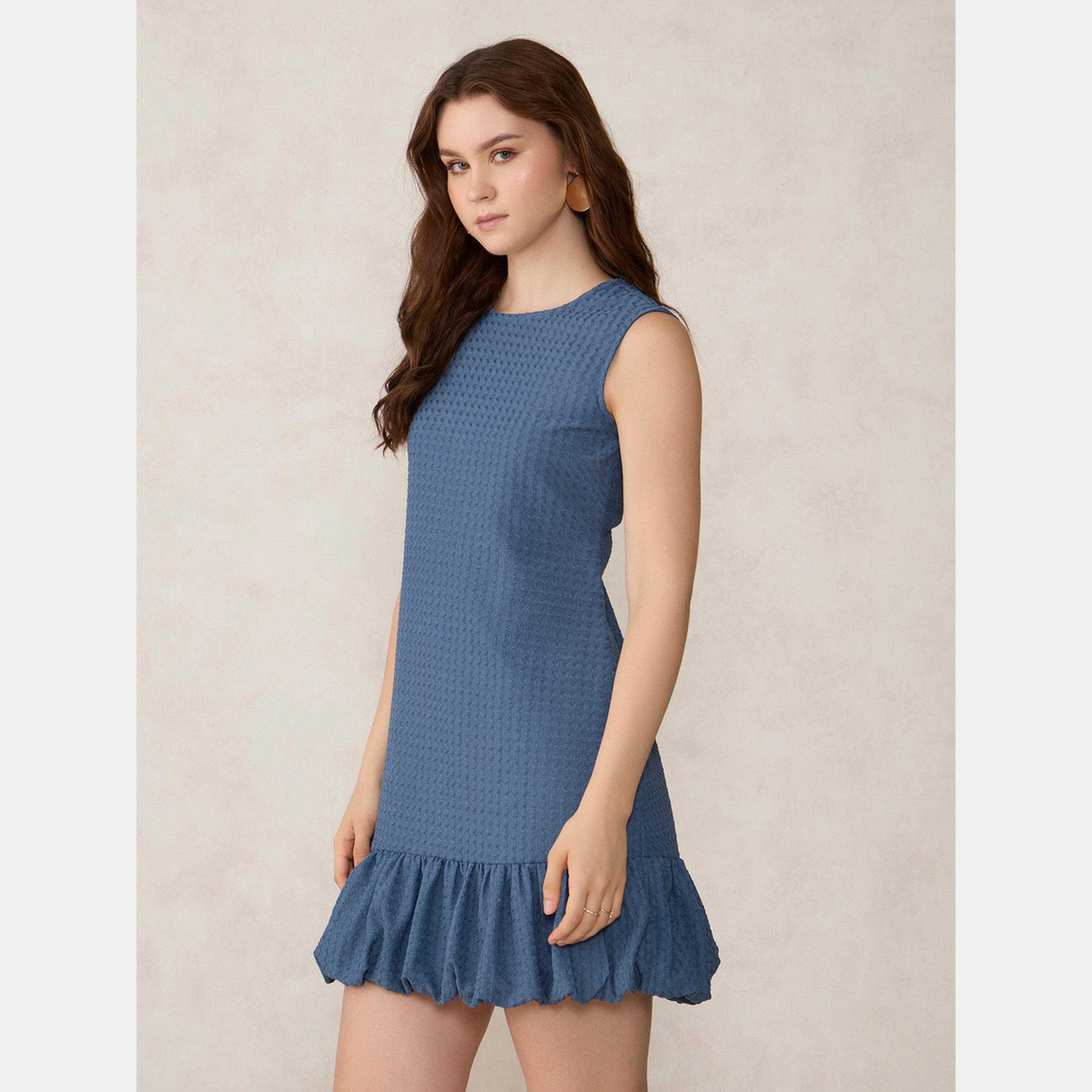 Outzidr X Styli Blue Textured Sleeveless Women's Bubble Hem Mini Dress-women-clothing-dresses-image-3