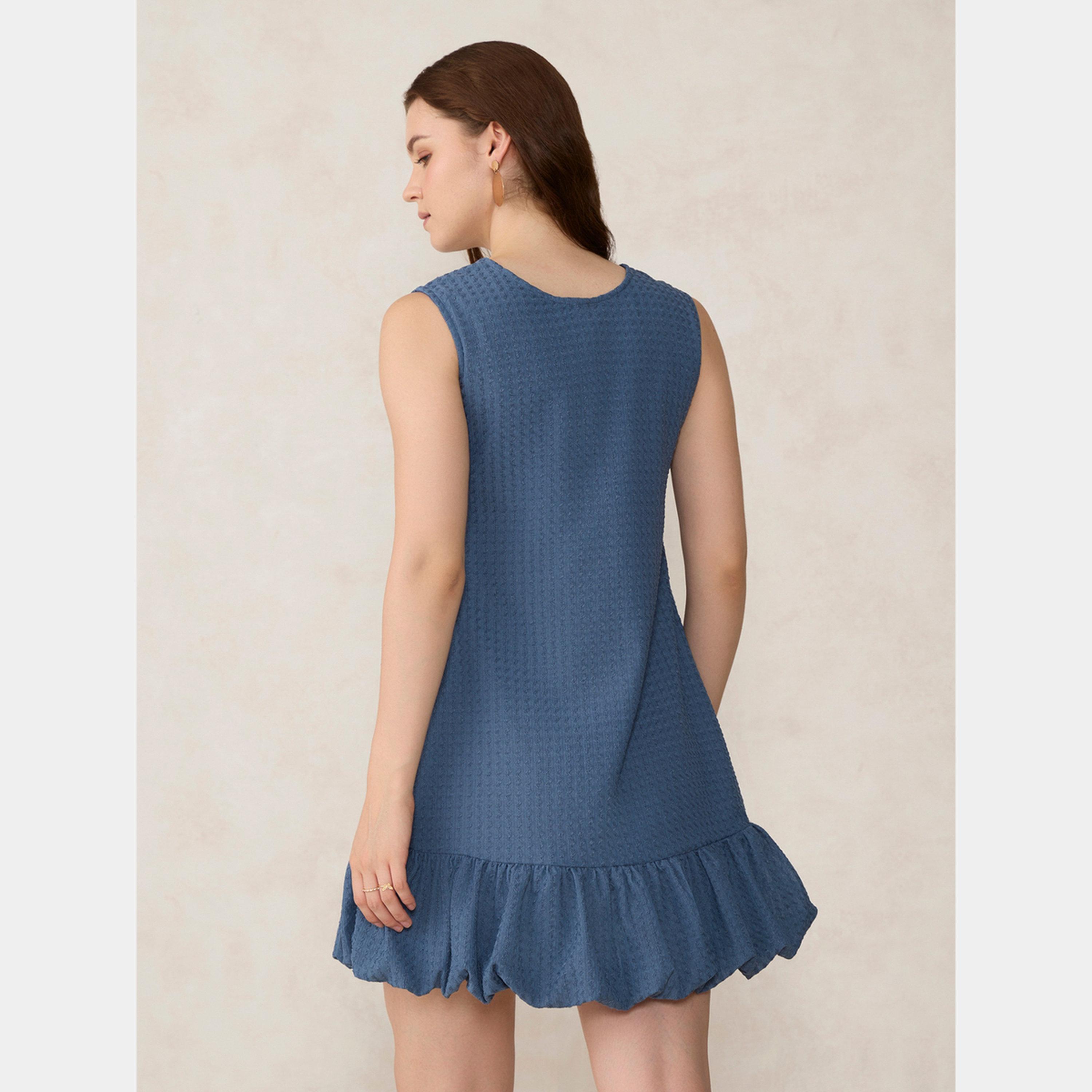 Outzidr X Styli Blue Textured Sleeveless Women's Bubble Hem Mini Dress-women-clothing-dresses-image-4