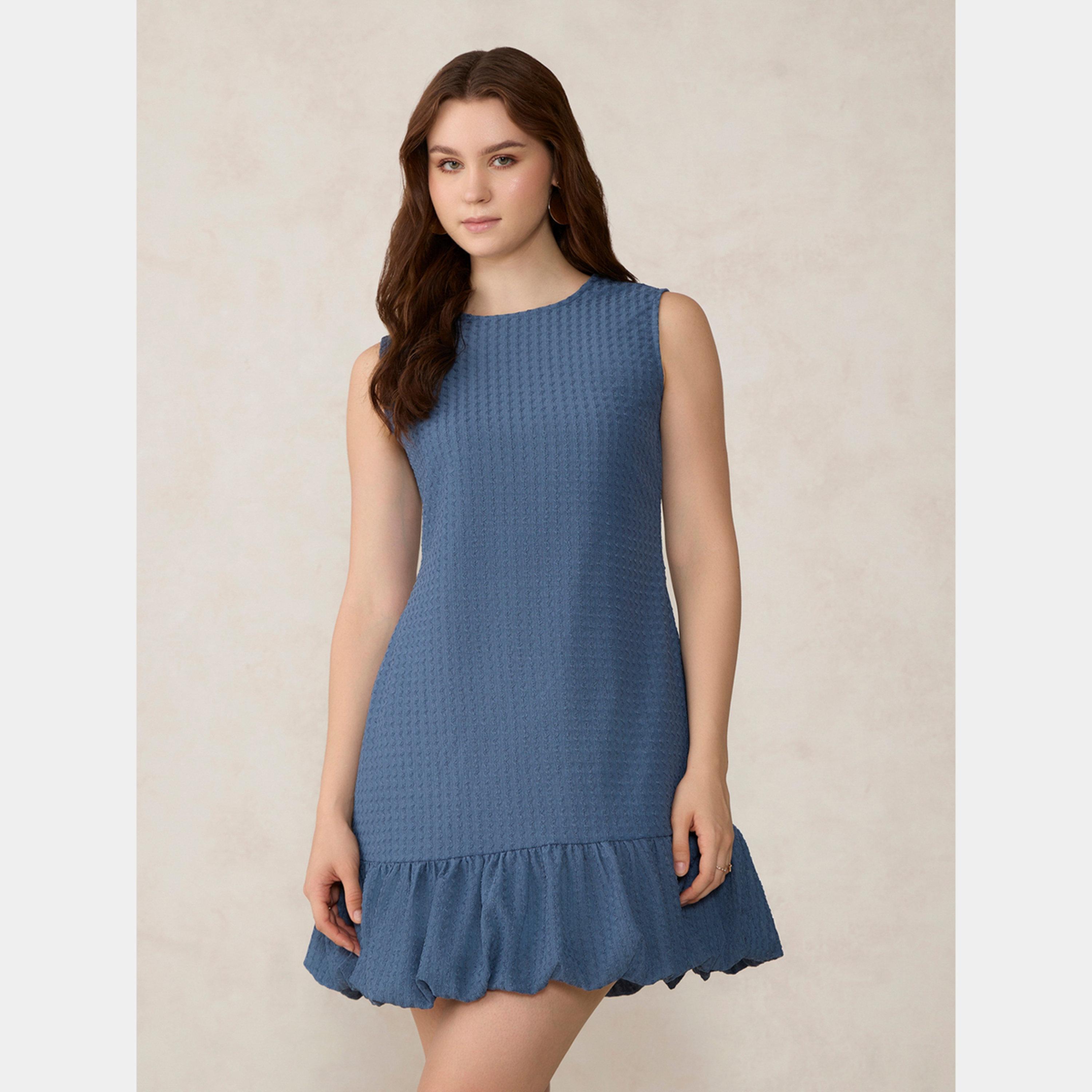 Outzidr X Styli Blue Textured Sleeveless Women's Bubble Hem Mini Dress-women-clothing-dresses-image-5