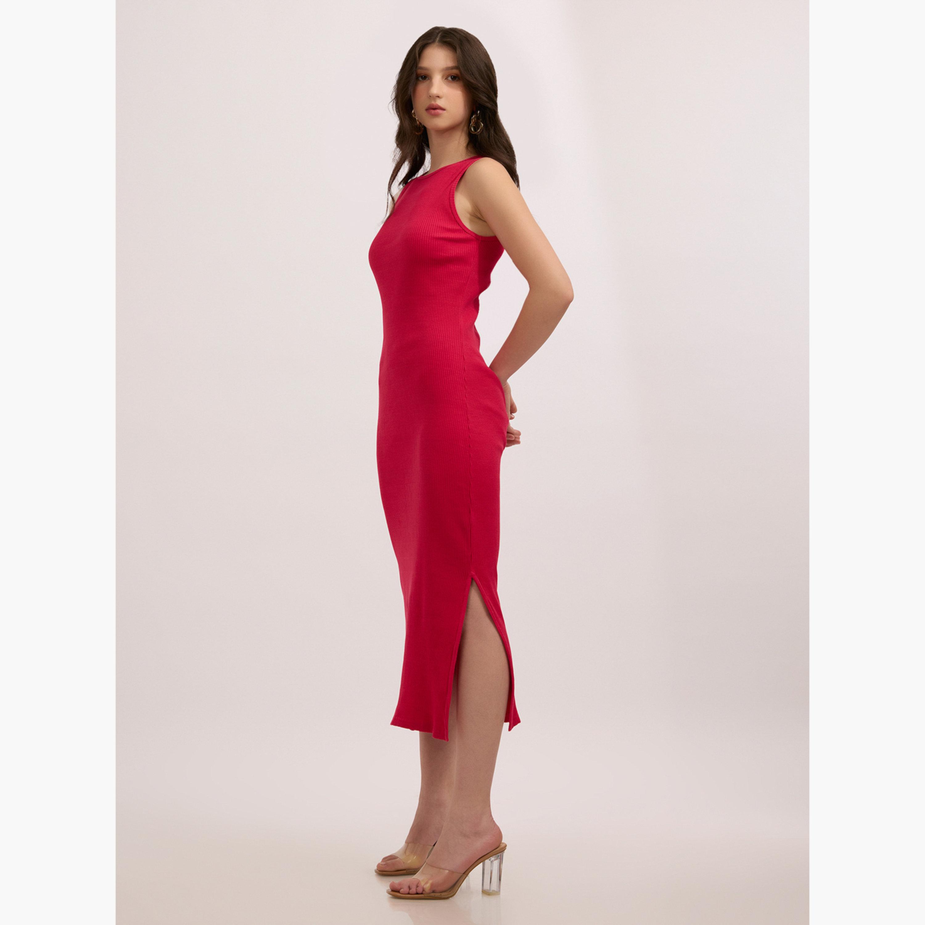 Outzidr X Styli Pink Ribbed Bodycon Dress with Side Slit-women-clothing-dresses-image-3