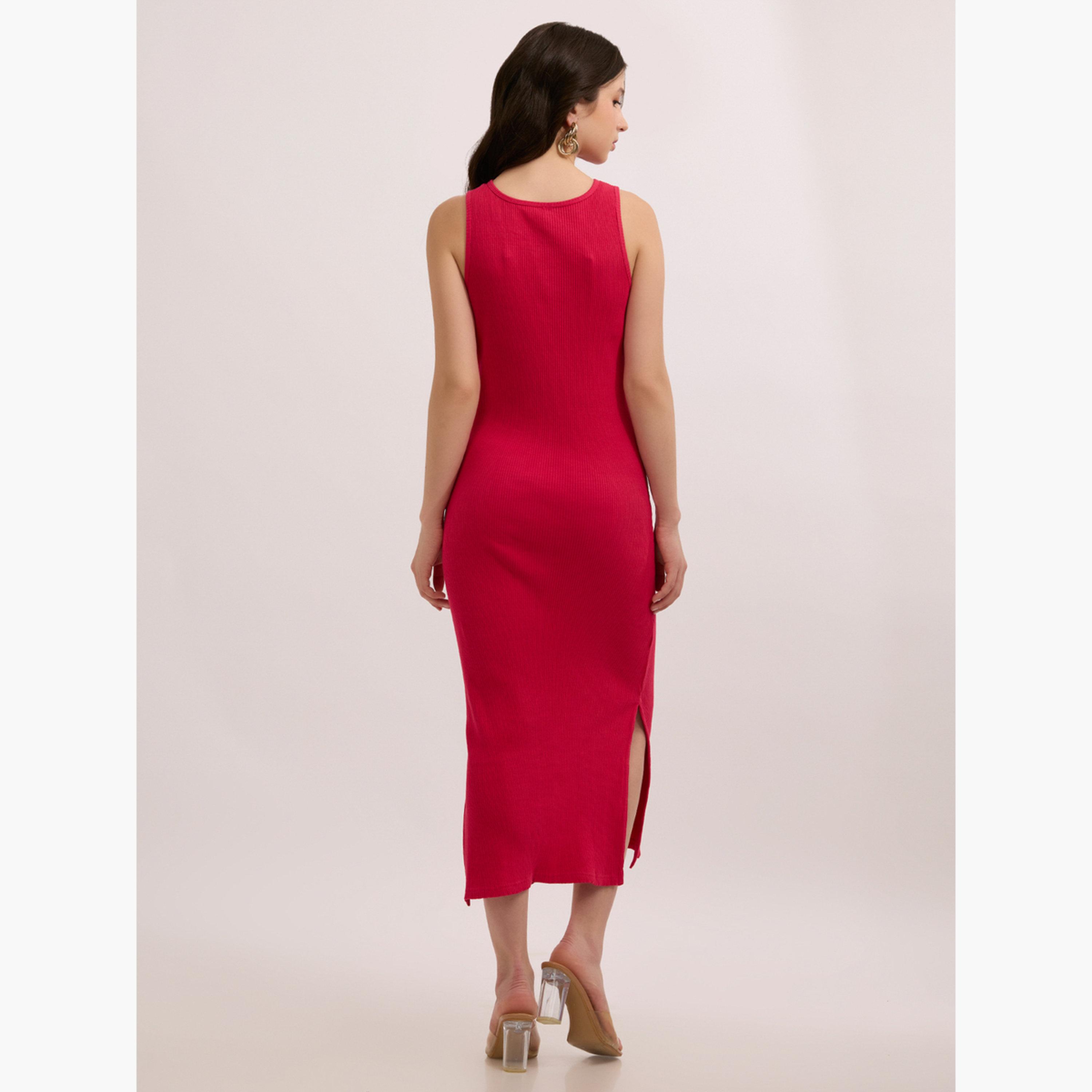 Outzidr X Styli Pink Ribbed Bodycon Dress with Side Slit-women-clothing-dresses-image-4