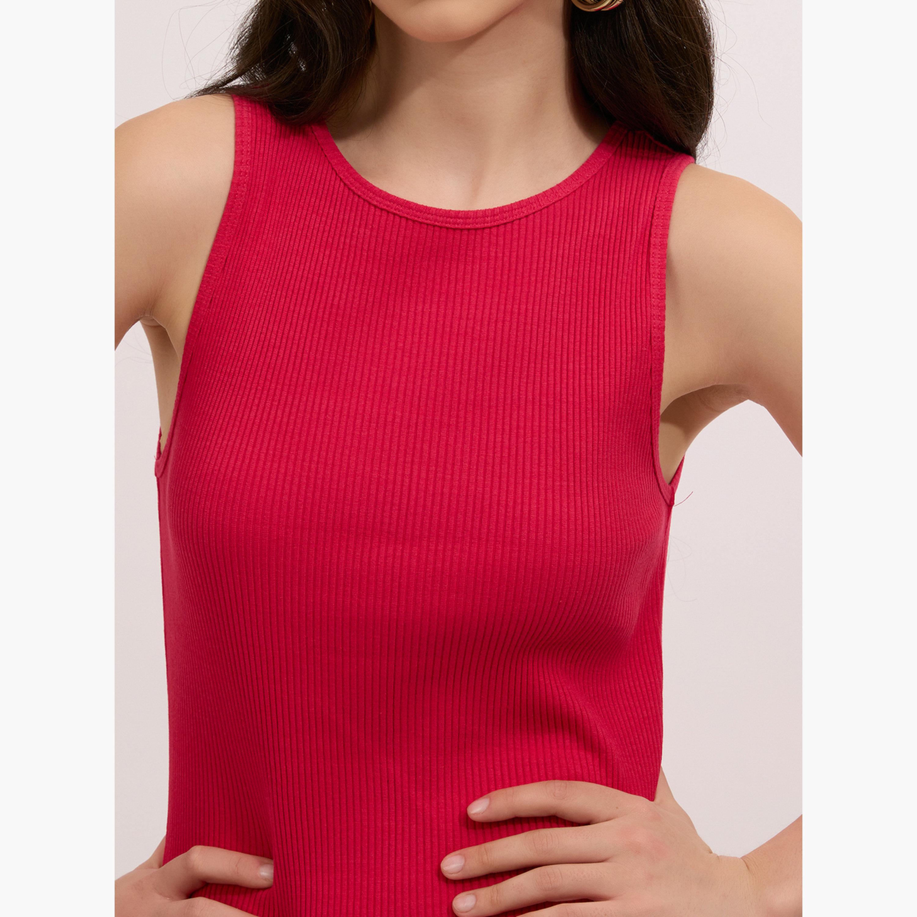 Outzidr X Styli Pink Ribbed Bodycon Dress with Side Slit-women-clothing-dresses-image-5