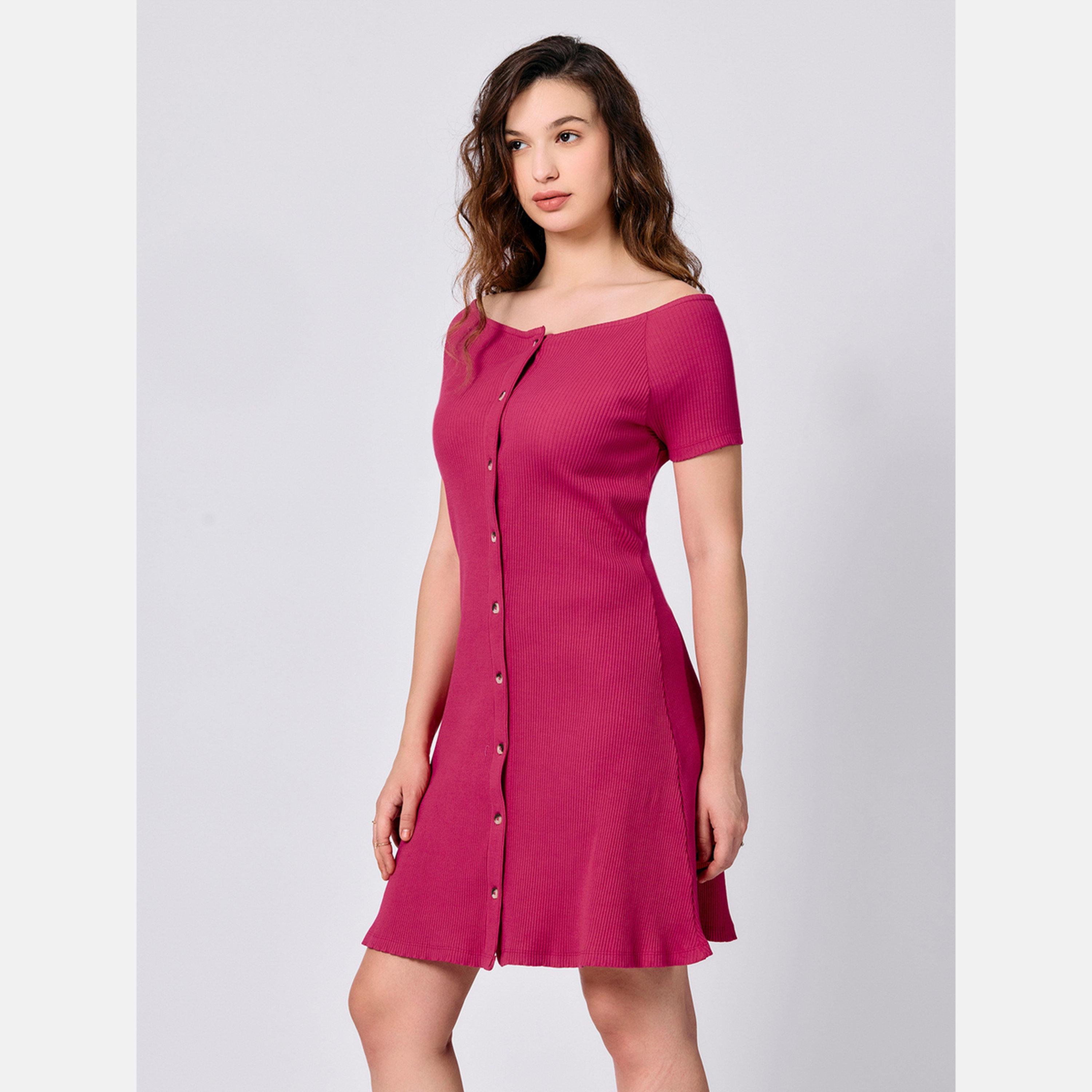 Outzidr X Styli Pink Off Shoulder Button Down Ribbed Dress-women-clothing-dresses-image-1
