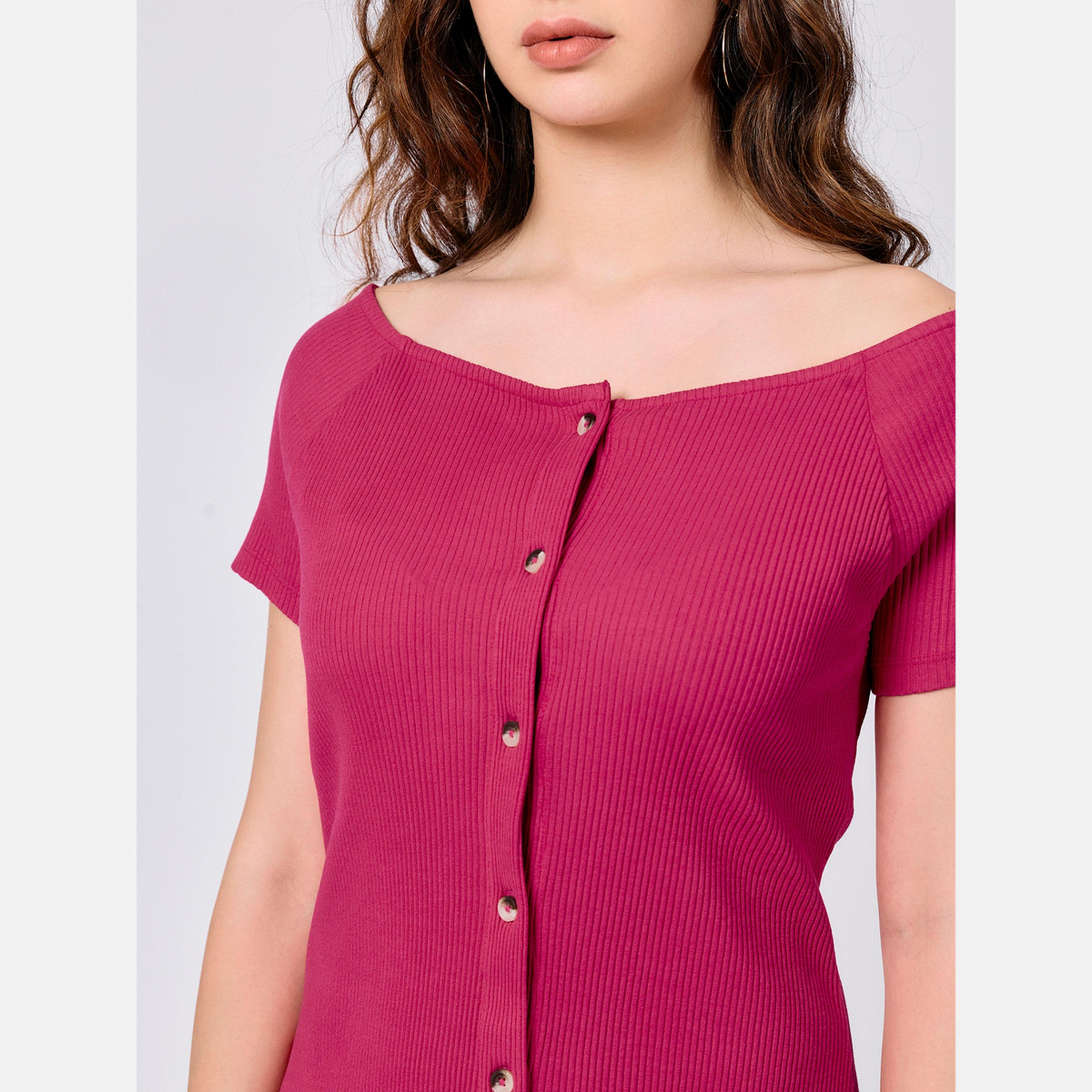 Outzidr X Styli Pink Off Shoulder Button Down Ribbed Dress-women-clothing-dresses-image-4