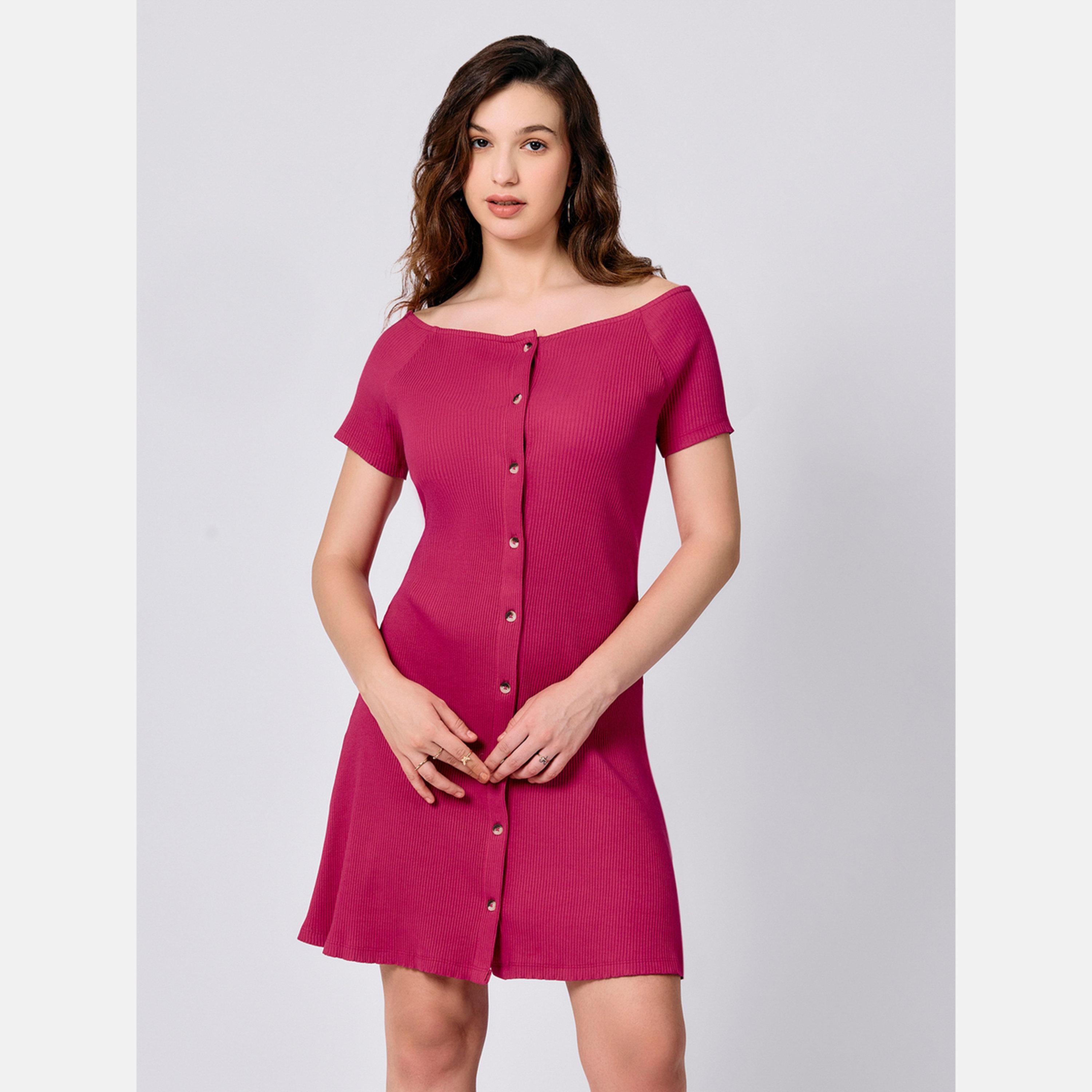 Outzidr X Styli Pink Off Shoulder Button Down Ribbed Dress-women-clothing-dresses-image-5