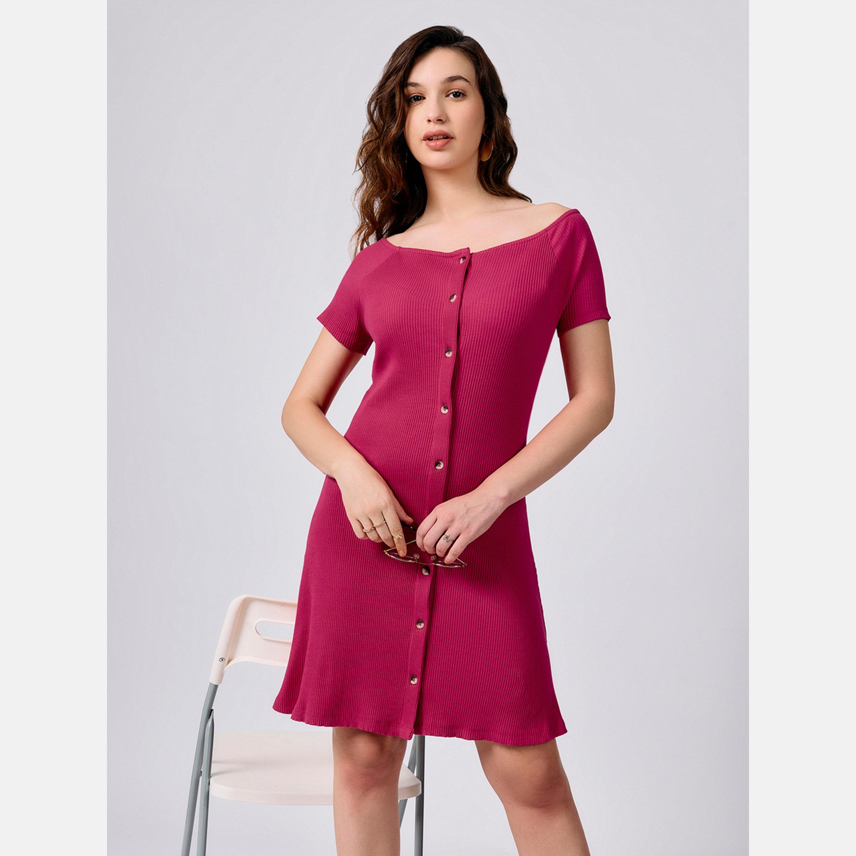 Outzidr X Styli Pink Off Shoulder Button Down Ribbed Dress-women-clothing-dresses-image-6