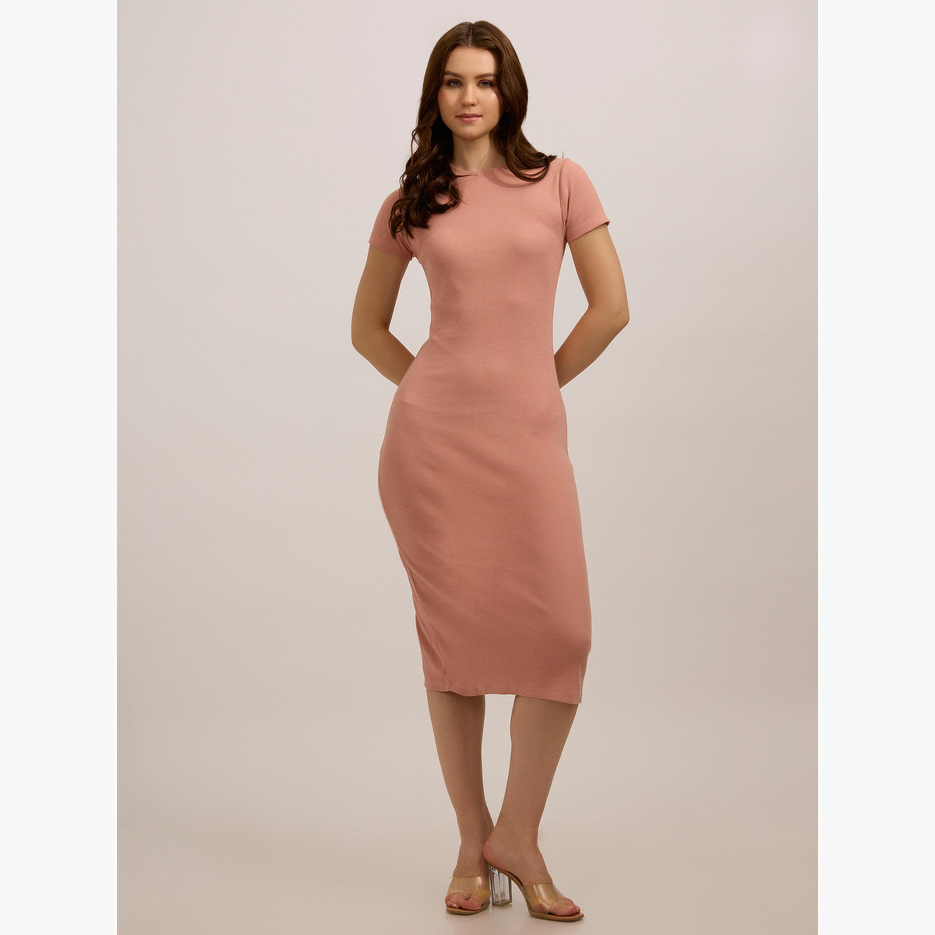 أوتزيدر × ستايلي - فستان خوخي ضيق متوسط ​​الطول بياقة دائرية-women-clothing-dresses-image-1
