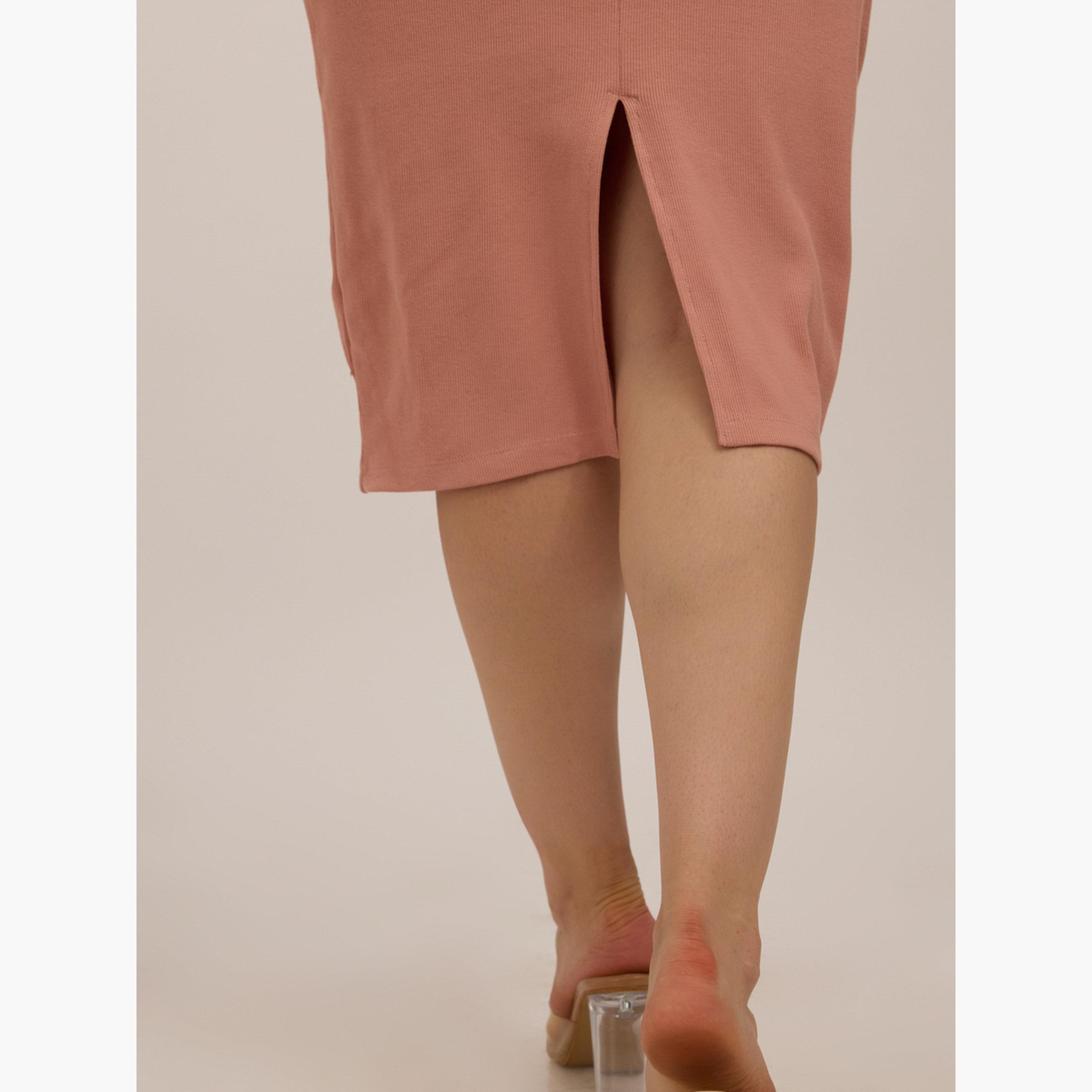 أوتزيدر × ستايلي - فستان خوخي ضيق متوسط ​​الطول بياقة دائرية-women-clothing-dresses-image-6