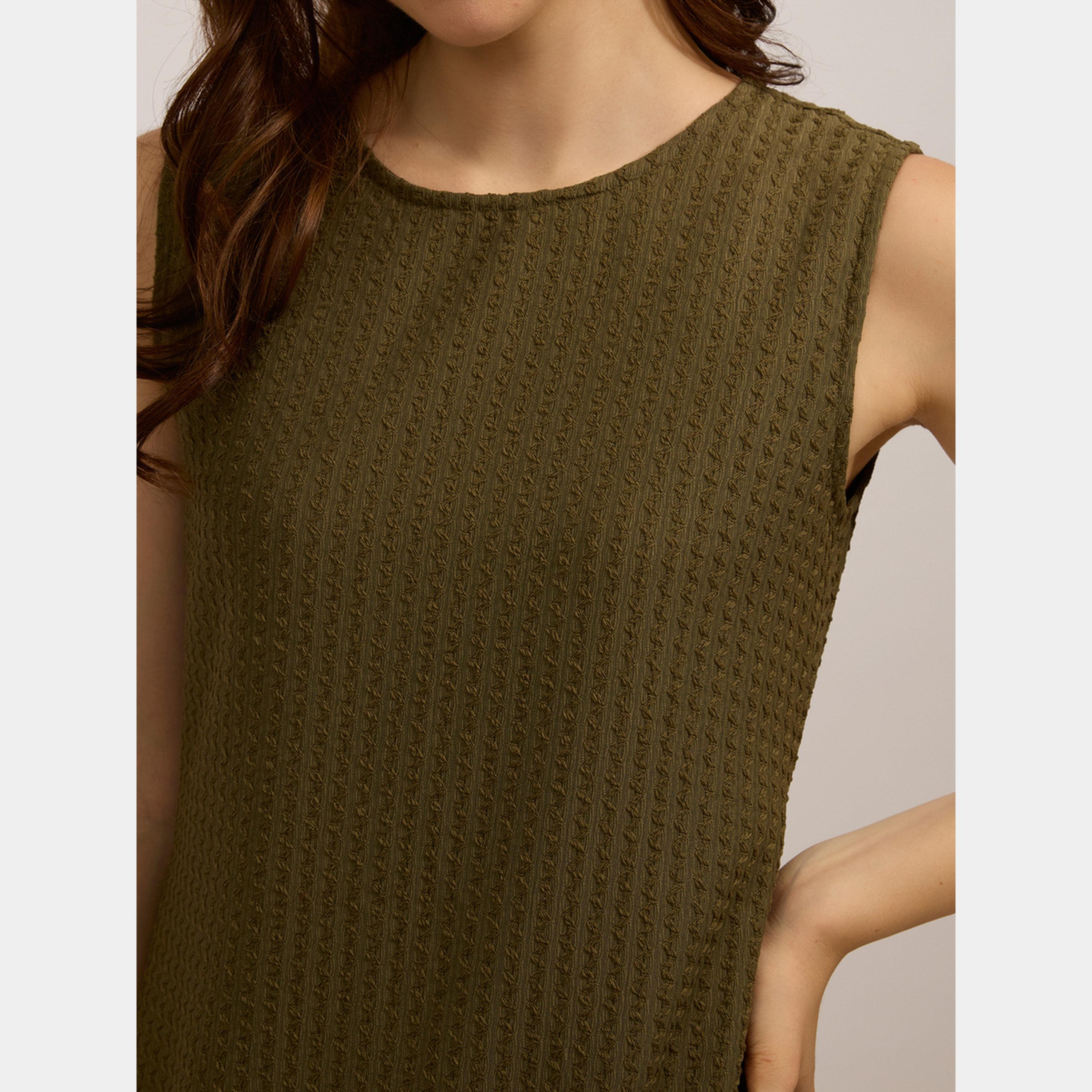 أوتزيدر × ستايلي - فستان نسائي قصير بدون أكمام ذو حافة منتفخة لون زيتوني-women-clothing-dresses-image-4
