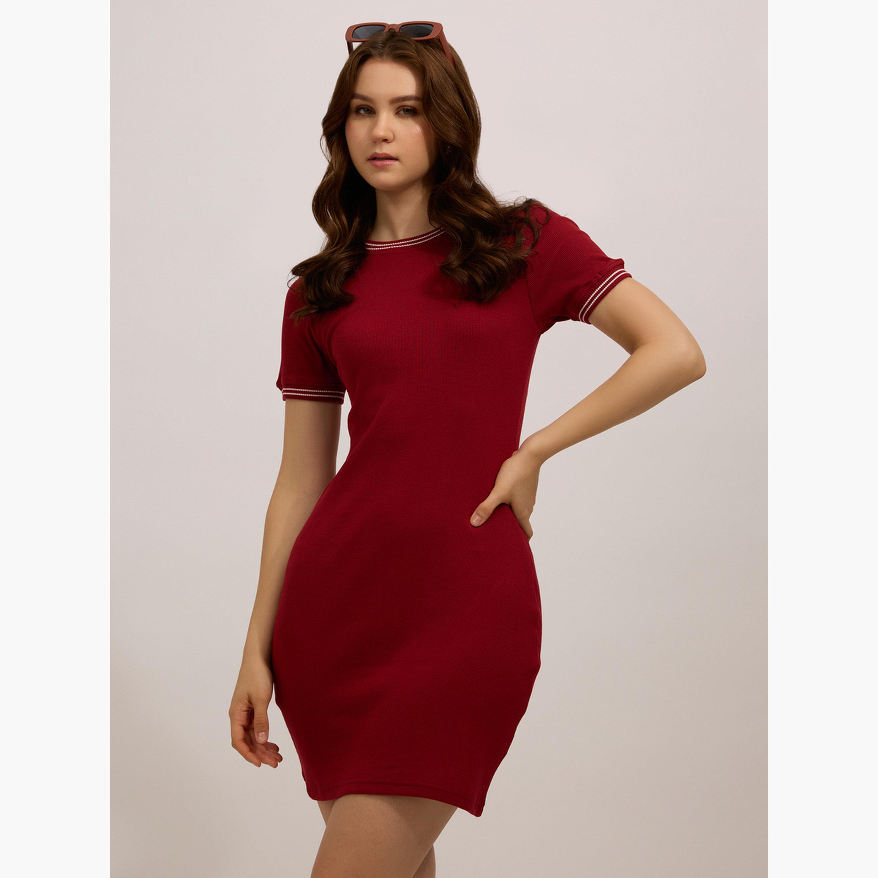 Outzidr X Styli Maroon Ribbed Bodycon Mini Dress-women-clothing-dresses-image-3