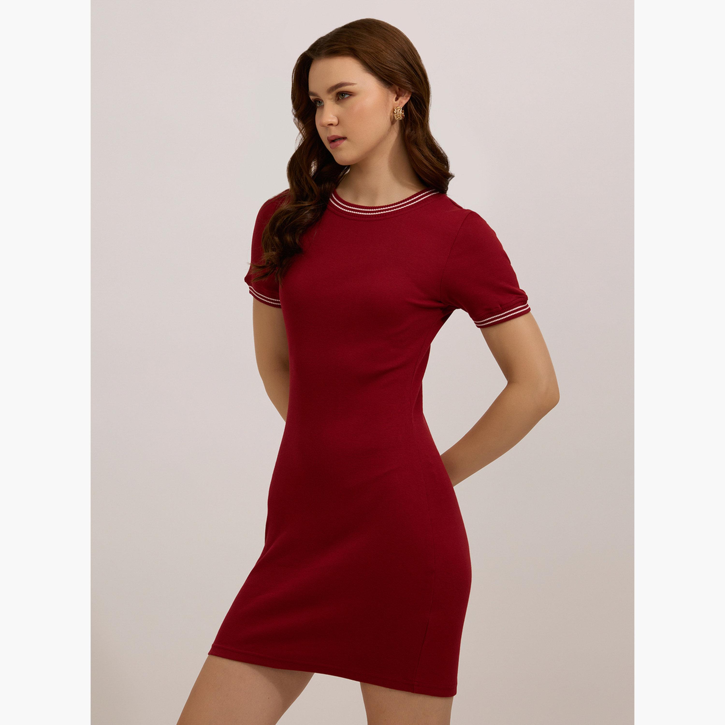 Outzidr X Styli Maroon Ribbed Bodycon Mini Dress-women-clothing-dresses-image-4