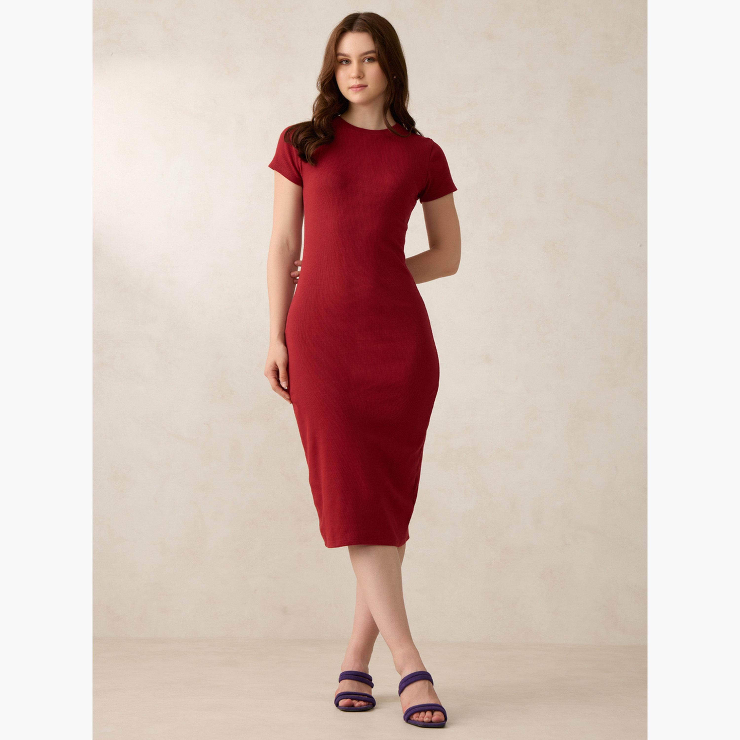 Outzidr X Styli Maroon Crew Neck Bodycon Midi Dress-women-clothing-dresses-image-1