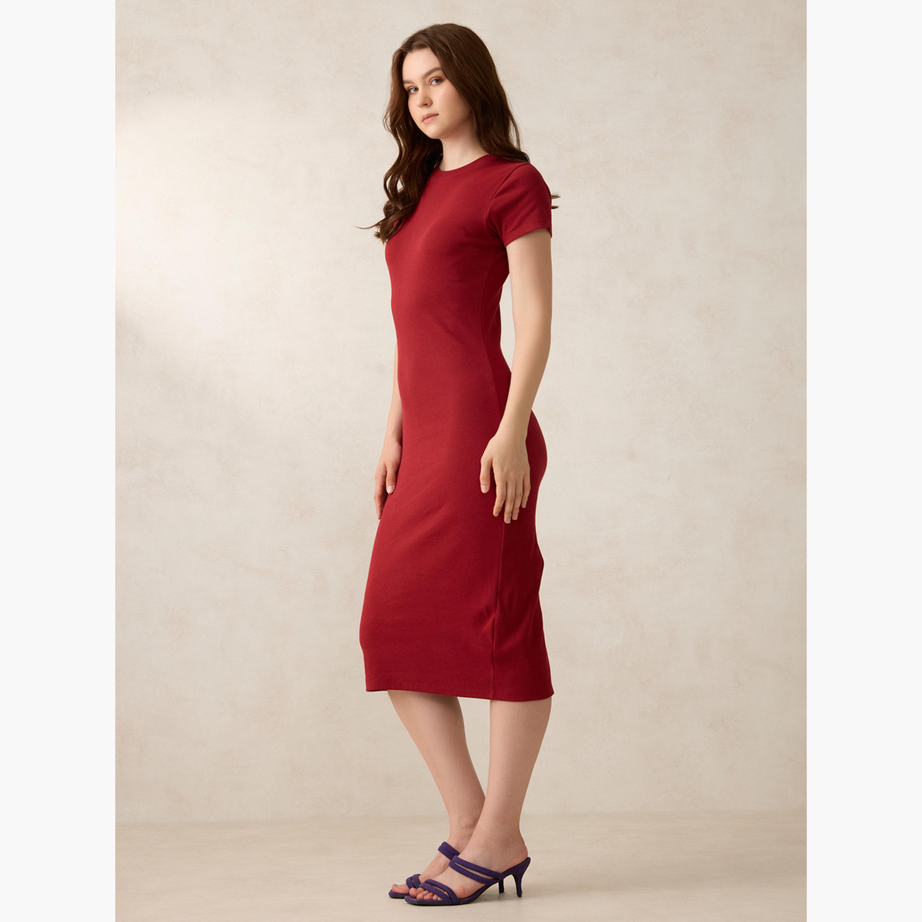 أوتزيدر × ستايلي - فستان متوسط ​​الطول ضيق بياقة دائرية لون مارون-women-clothing-dresses-image-2