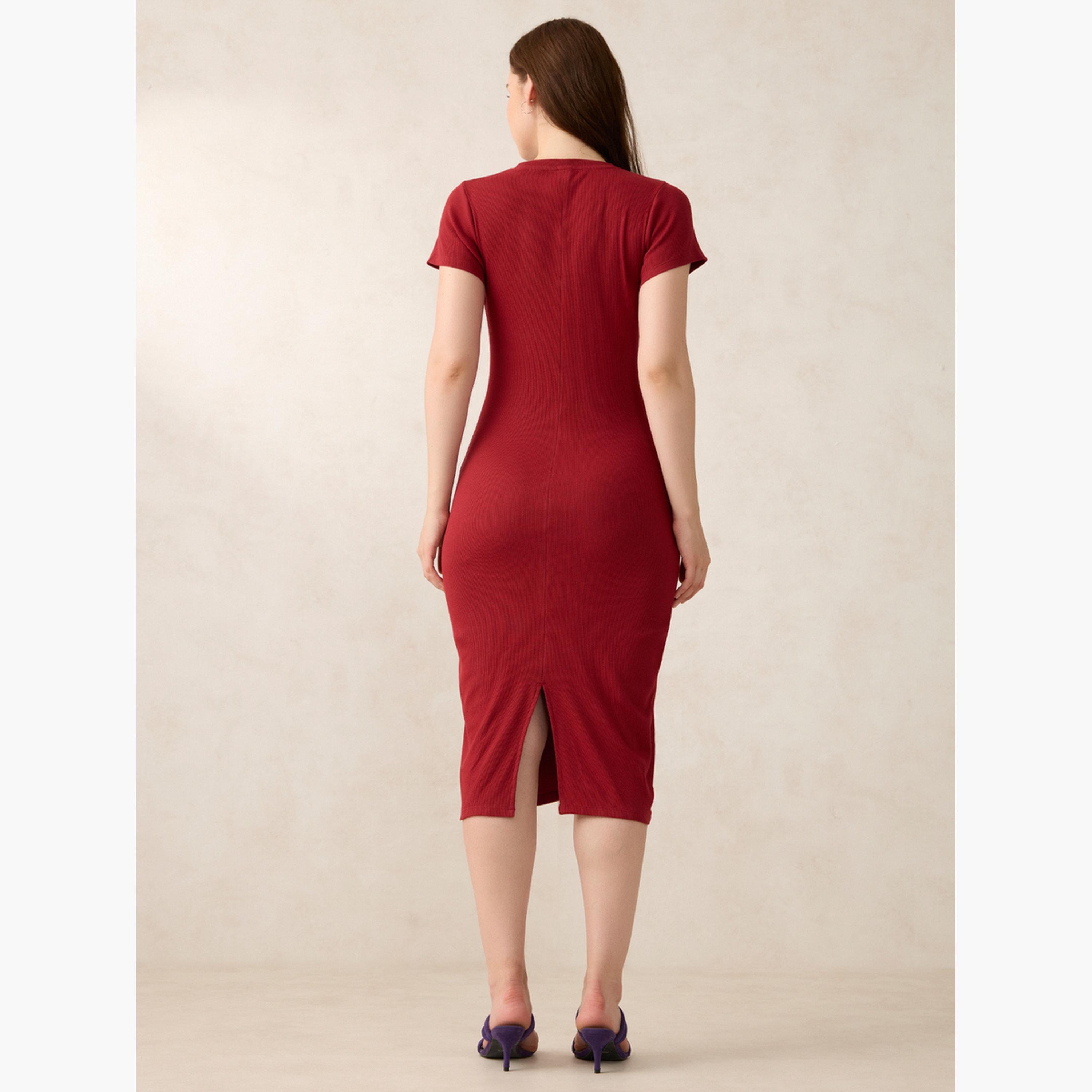 Outzidr X Styli Maroon Crew Neck Bodycon Midi Dress-women-clothing-dresses-image-4