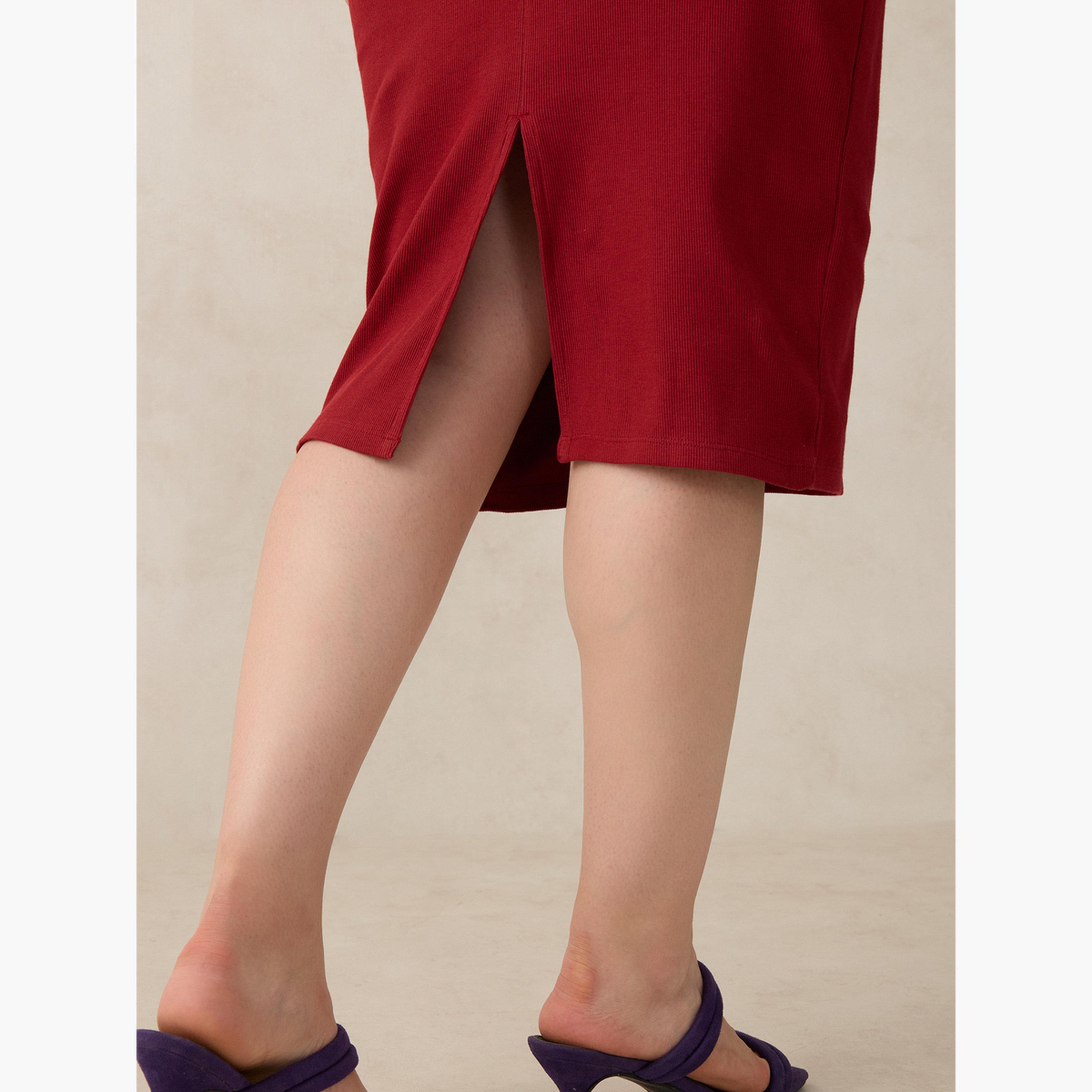 Outzidr X Styli Maroon Crew Neck Bodycon Midi Dress-women-clothing-dresses-image-5