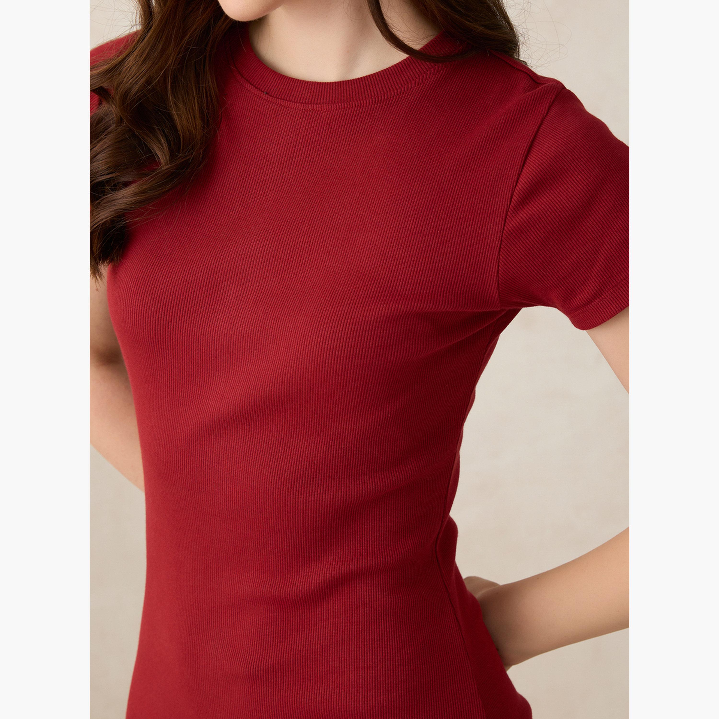 أوتزيدر × ستايلي - فستان متوسط ​​الطول ضيق بياقة دائرية لون مارون-women-clothing-dresses-image-6