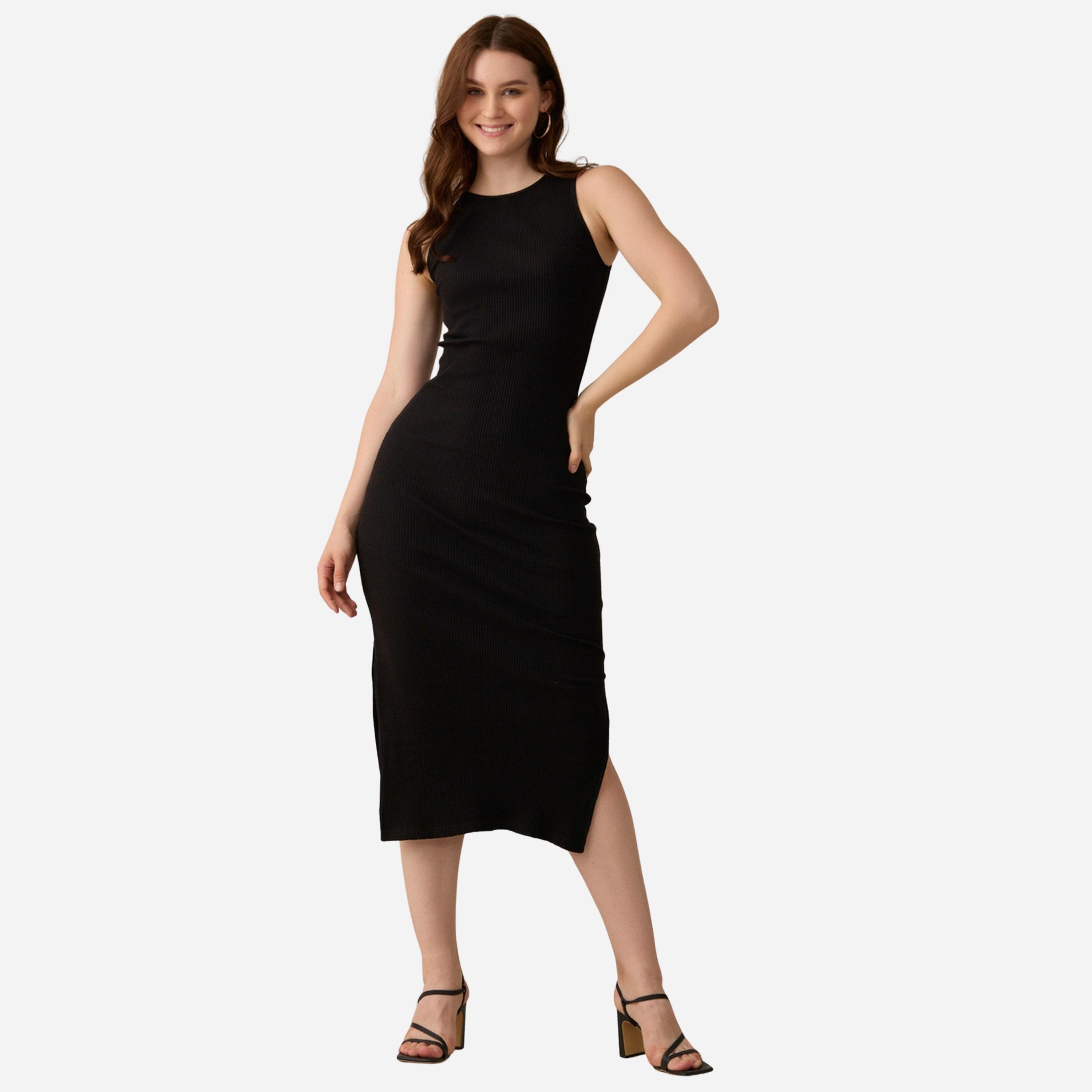 أوتزيدر × ستايلي - فستان متوسط الطول لون أسود ضيق فتحة جانبية-women-clothing-dresses-image-1