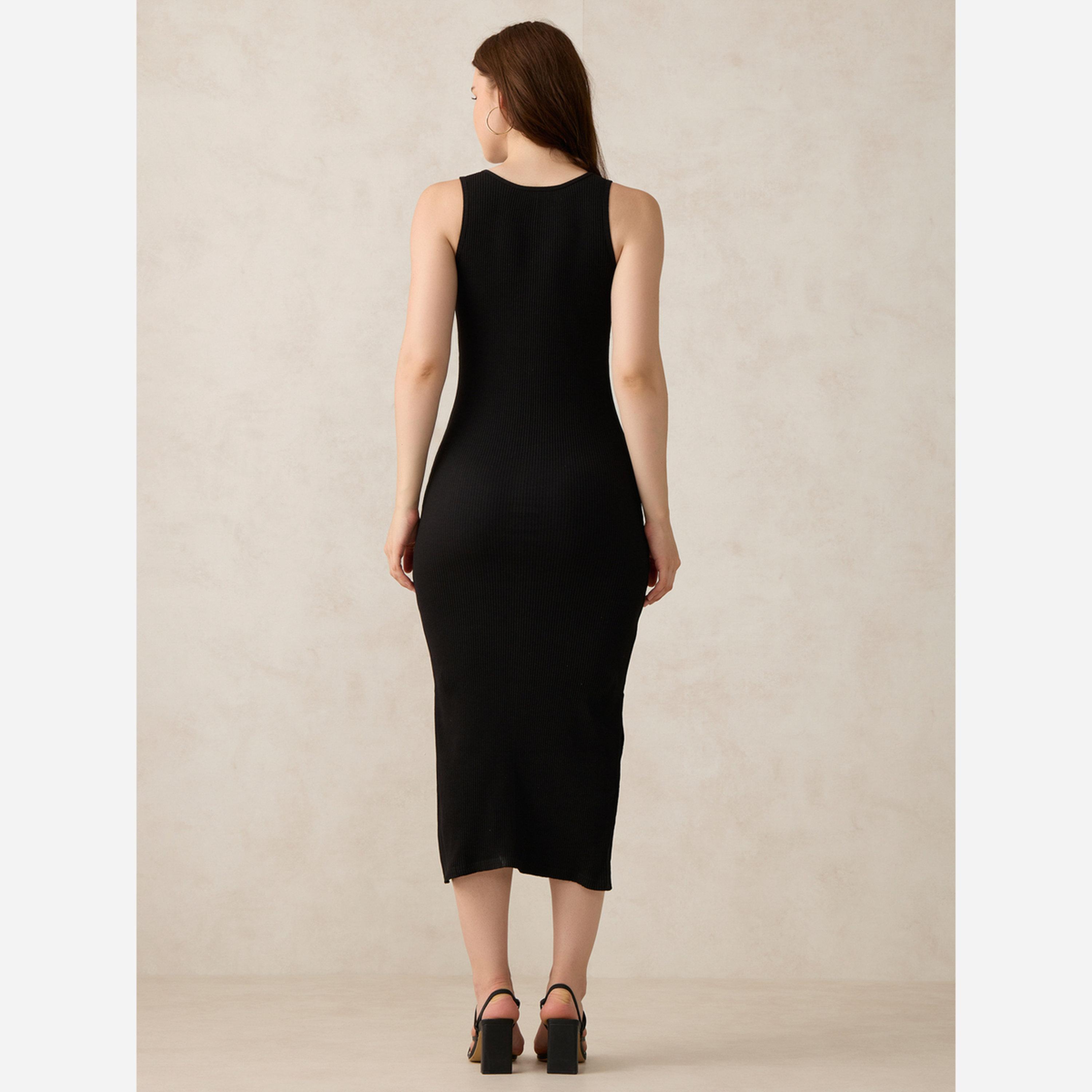 أوتزيدر × ستايلي - فستان متوسط الطول لون أسود ضيق فتحة جانبية-women-clothing-dresses-image-4